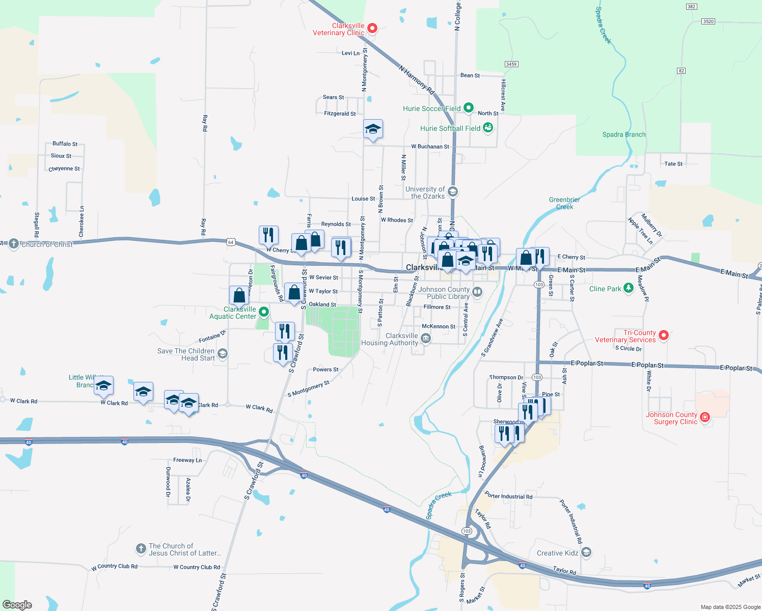 map of restaurants, bars, coffee shops, grocery stores, and more near 399 South Patton Street in Clarksville