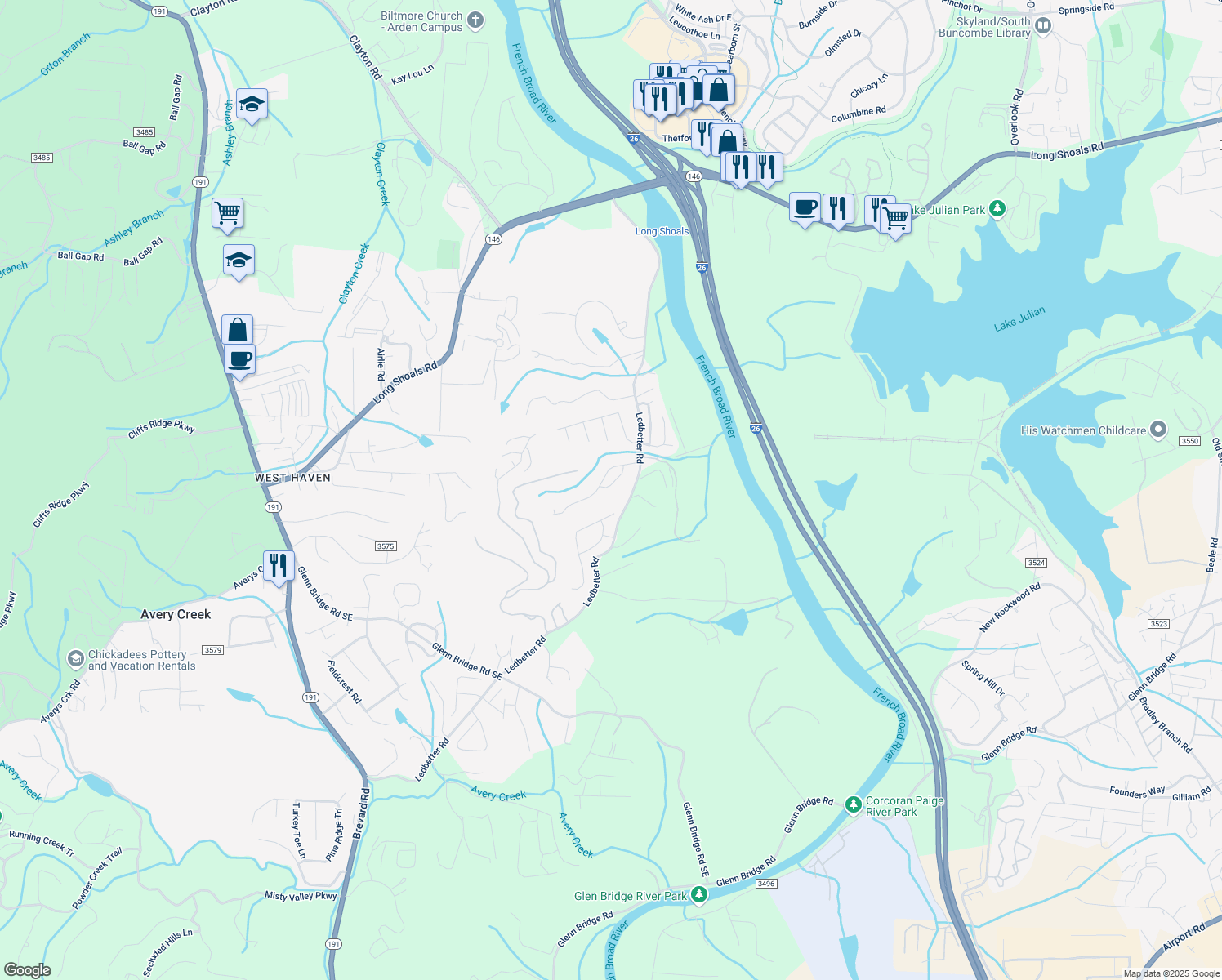 map of restaurants, bars, coffee shops, grocery stores, and more near 26 Stone House Road in Arden