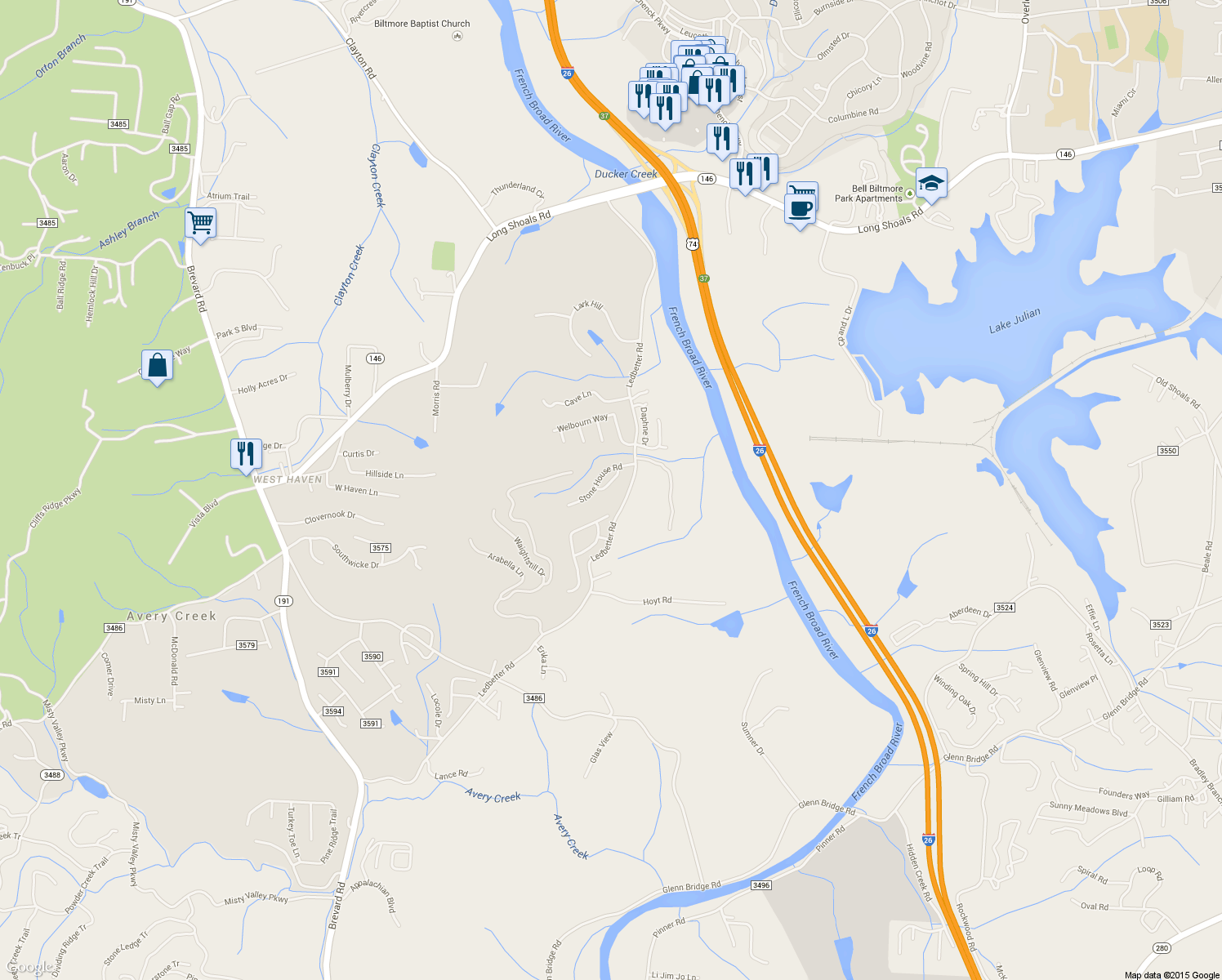 map of restaurants, bars, coffee shops, grocery stores, and more near 99999 Deerborne Lane in Arden