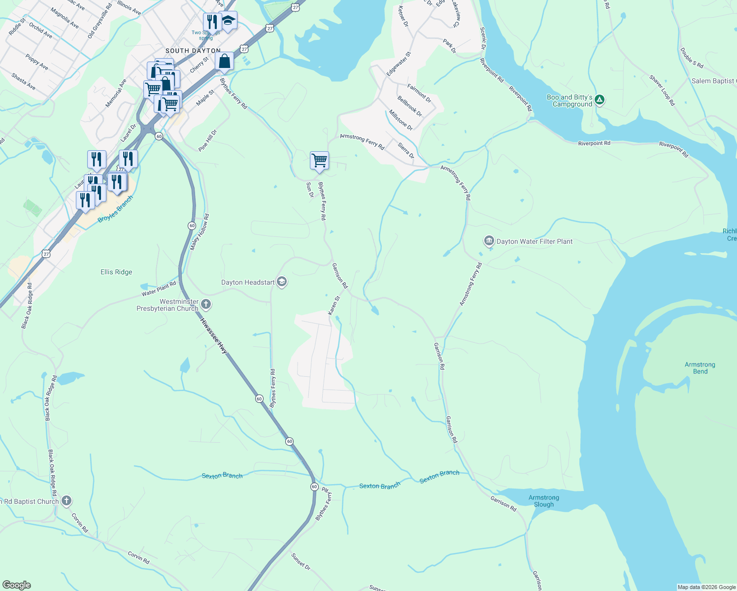 map of restaurants, bars, coffee shops, grocery stores, and more near 415 Garrison Rd in Dayton