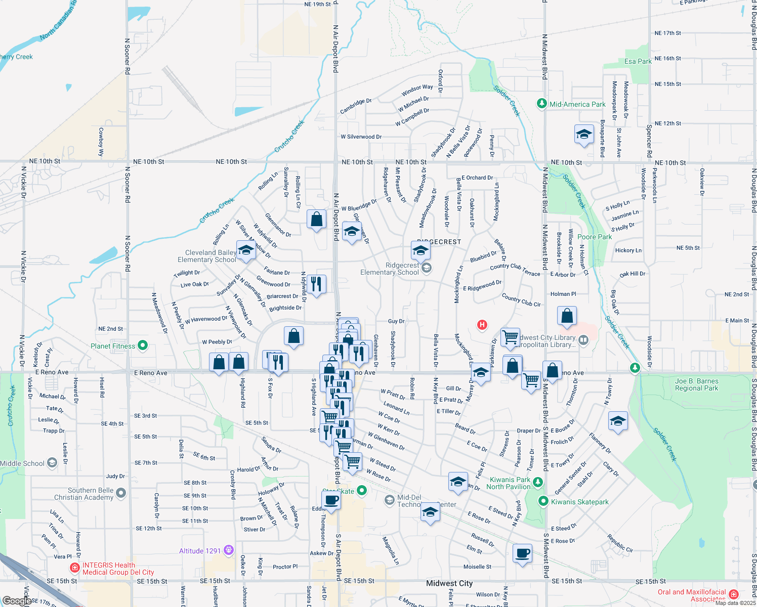 map of restaurants, bars, coffee shops, grocery stores, and more near 3111 Glenhaven Drive in Midwest City
