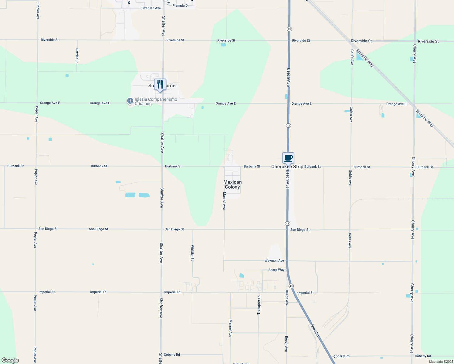 map of restaurants, bars, coffee shops, grocery stores, and more near 30702 Martinez St in Shafter