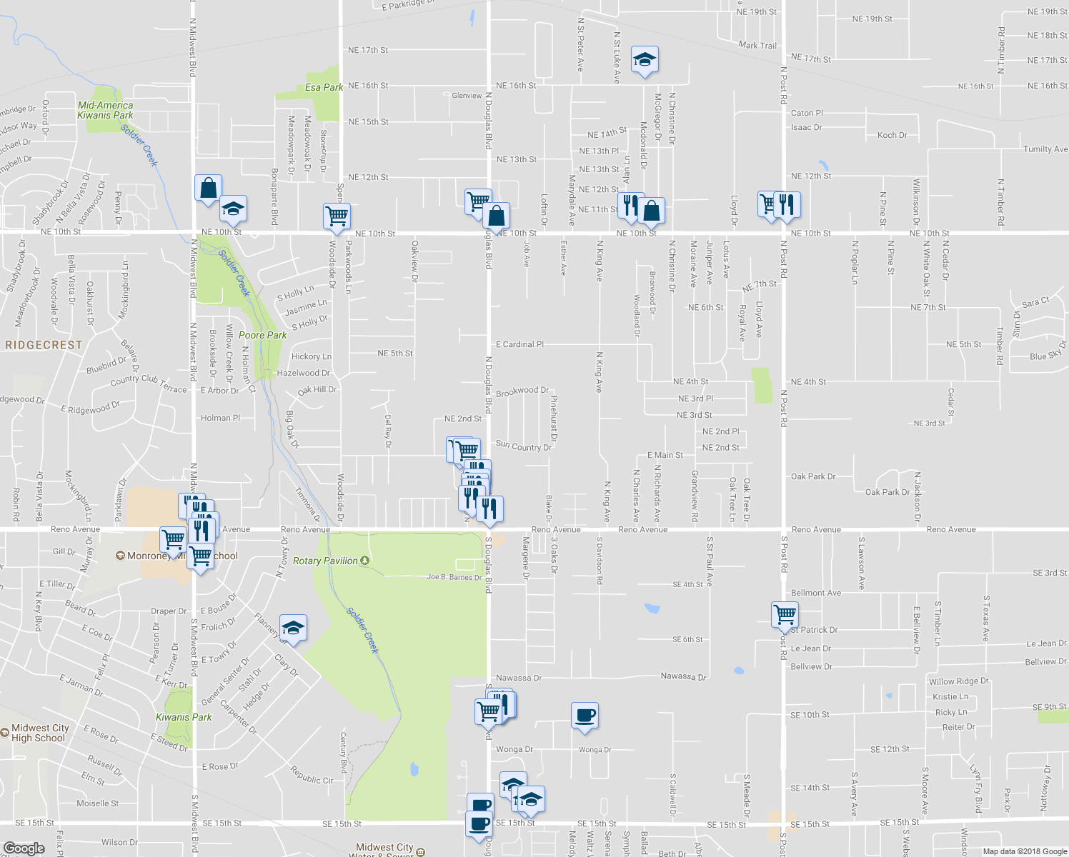map of restaurants, bars, coffee shops, grocery stores, and more near 323 Blue Spruce Drive in Midwest City