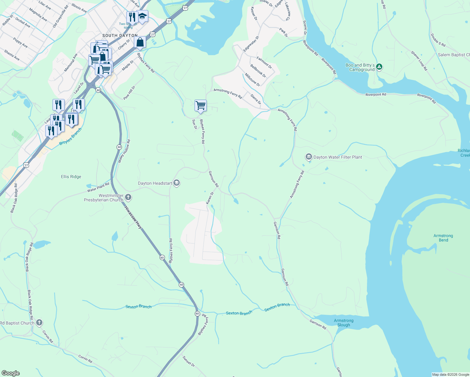 map of restaurants, bars, coffee shops, grocery stores, and more near 415 Garrison Rd in Dayton