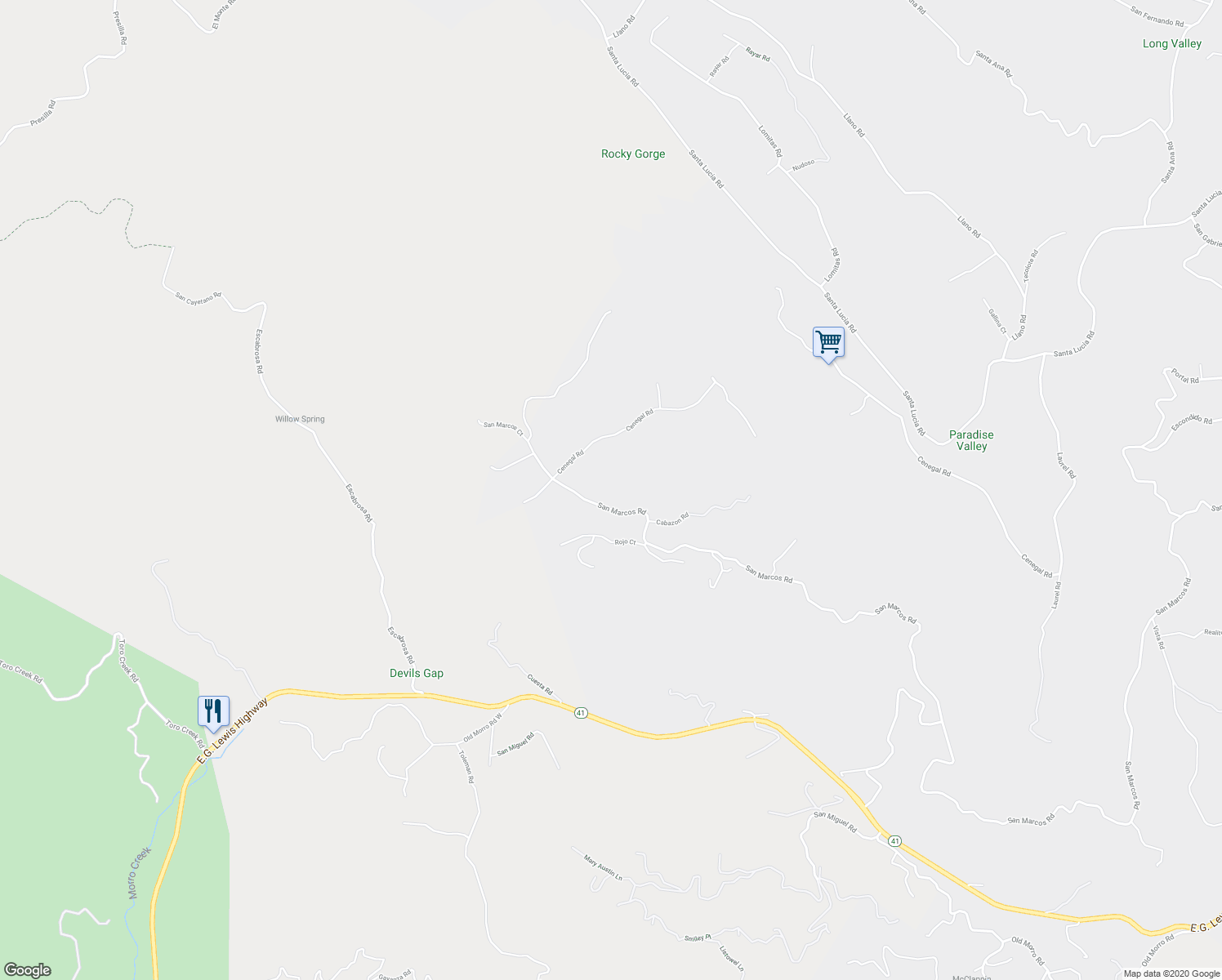 map of restaurants, bars, coffee shops, grocery stores, and more near 12320 San Marcos Road in Atascadero