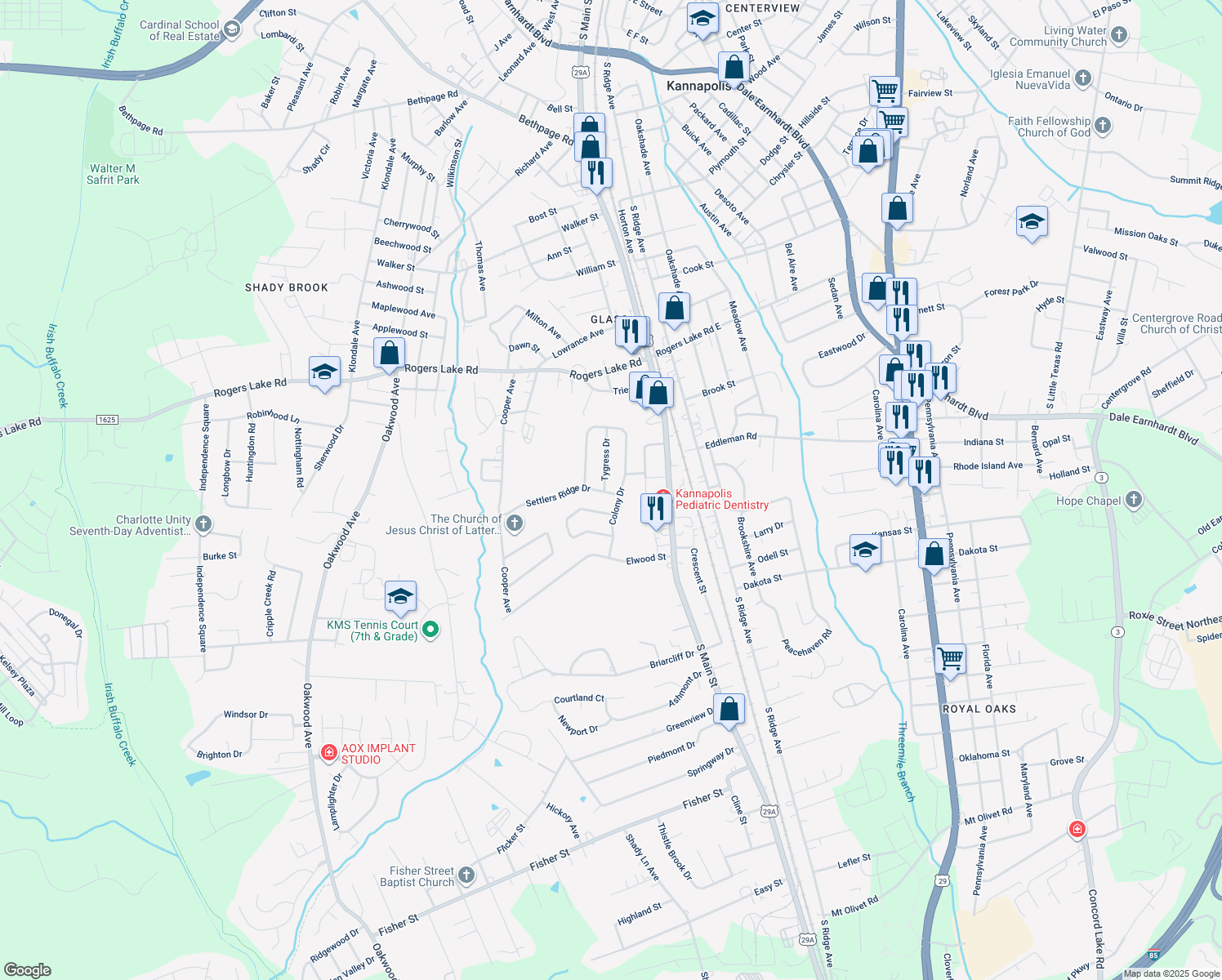 map of restaurants, bars, coffee shops, grocery stores, and more near 1401 Tygress Drive in Kannapolis