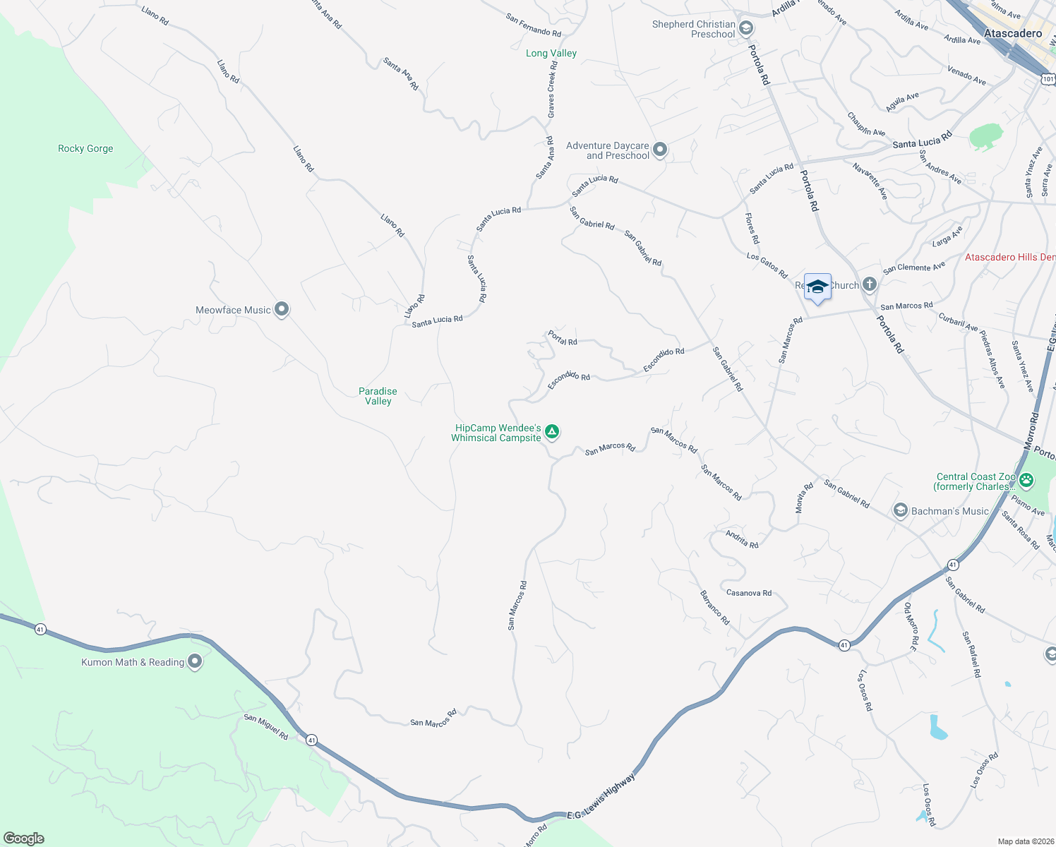 map of restaurants, bars, coffee shops, grocery stores, and more near 10905 Escondido Road in Atascadero