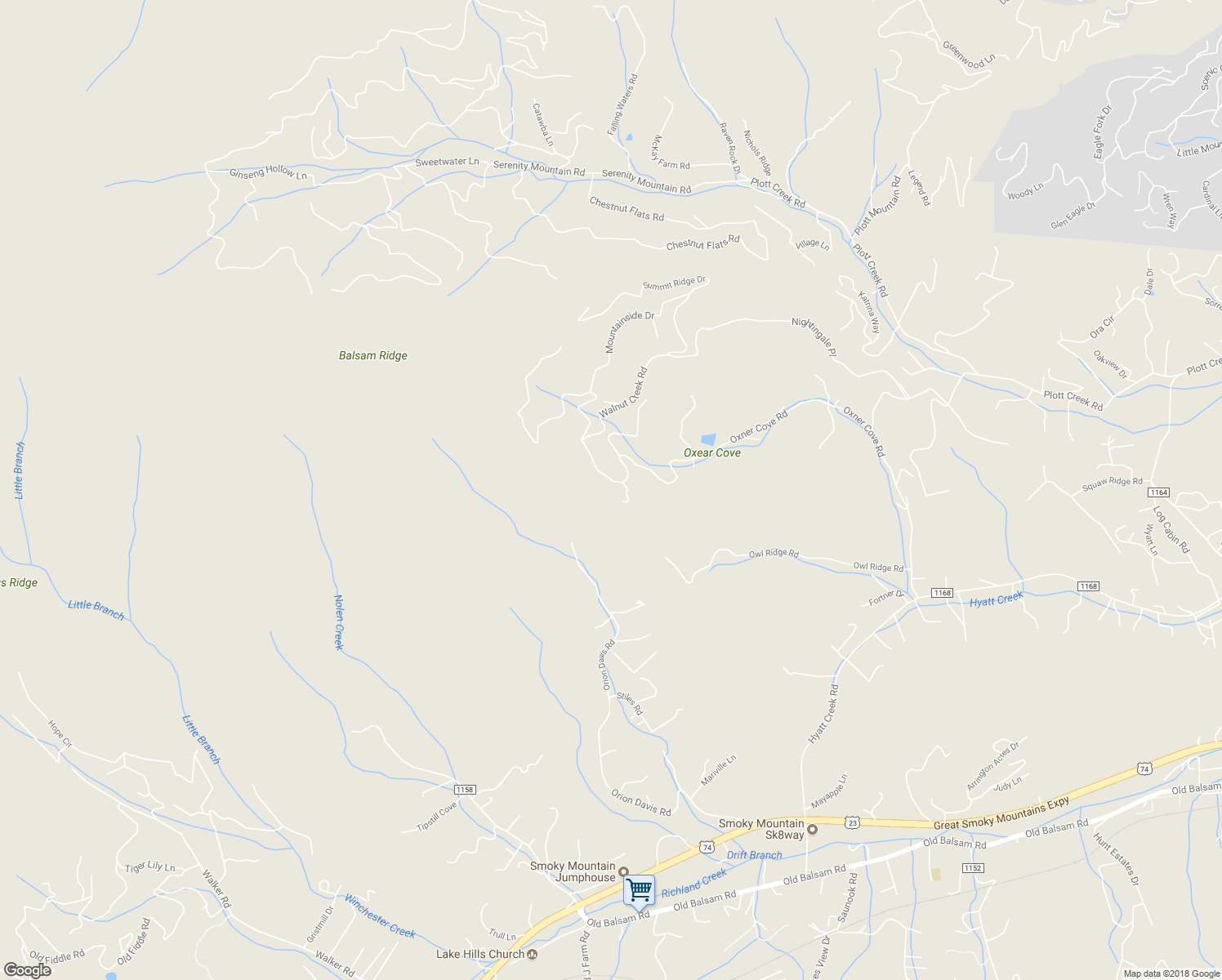 map of restaurants, bars, coffee shops, grocery stores, and more near 1559 Walnut Creek Road in Waynesville