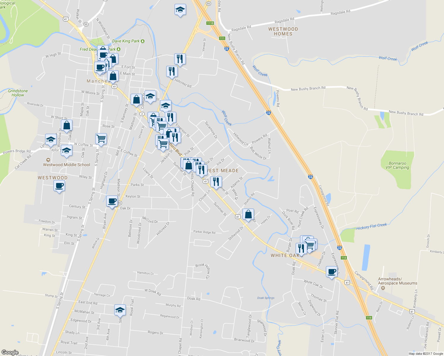 map of restaurants, bars, coffee shops, grocery stores, and more near 603 Henley Street in Manchester