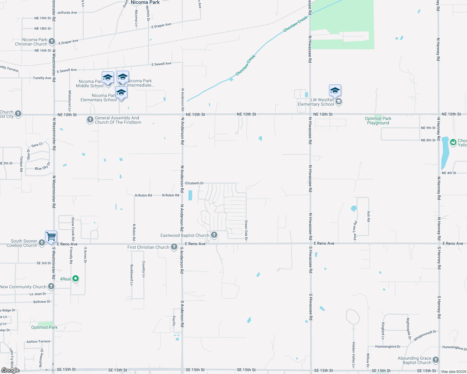 map of restaurants, bars, coffee shops, grocery stores, and more near 409 Elizabeth Drive in Midwest City