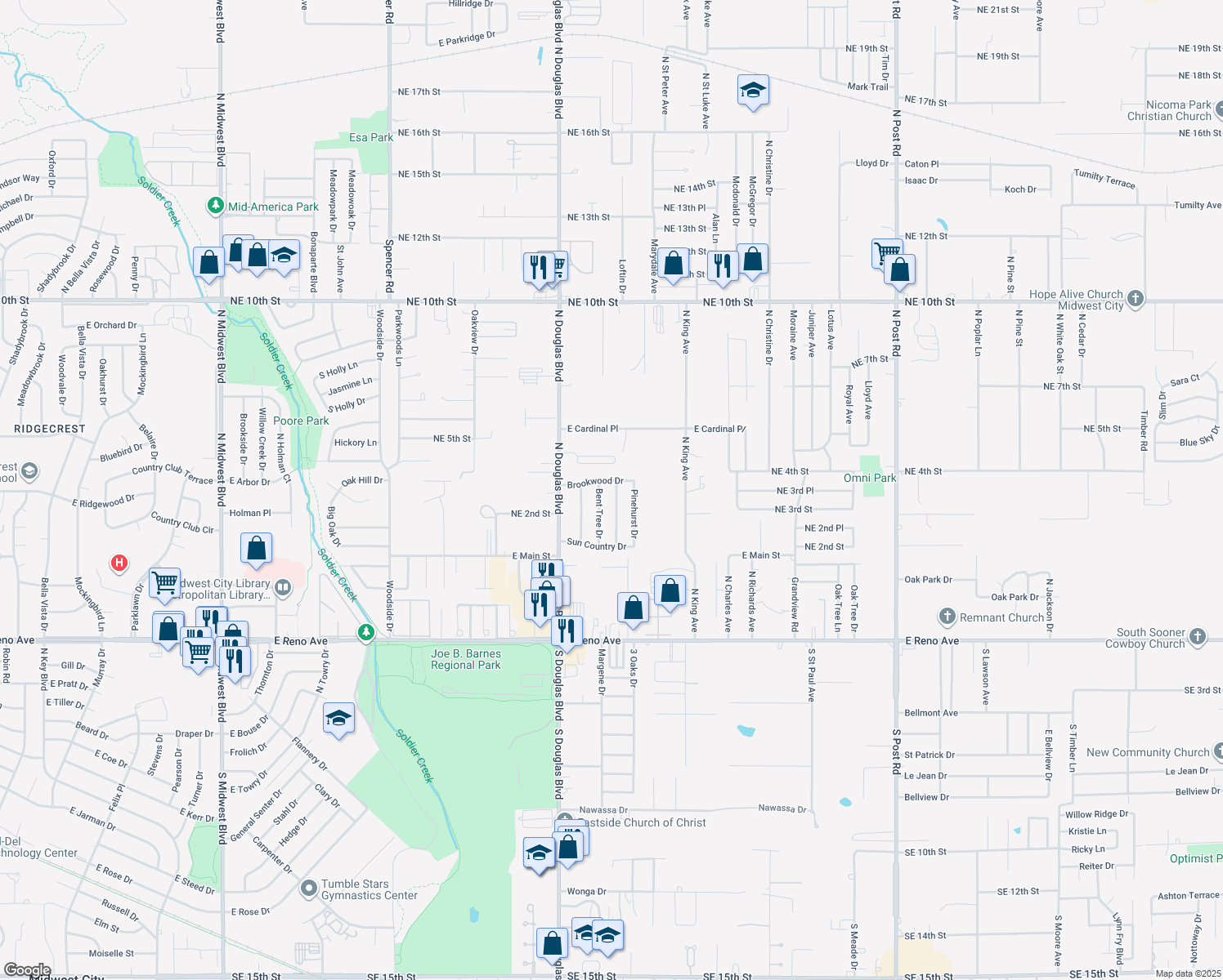 map of restaurants, bars, coffee shops, grocery stores, and more near 421 Blue Spruce Dr in Midwest City