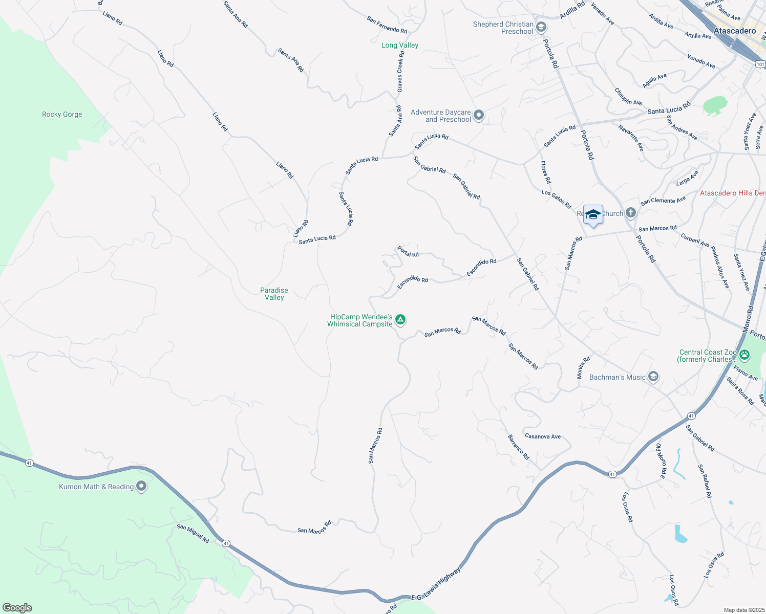 map of restaurants, bars, coffee shops, grocery stores, and more near 10905 Escondido Road in Atascadero