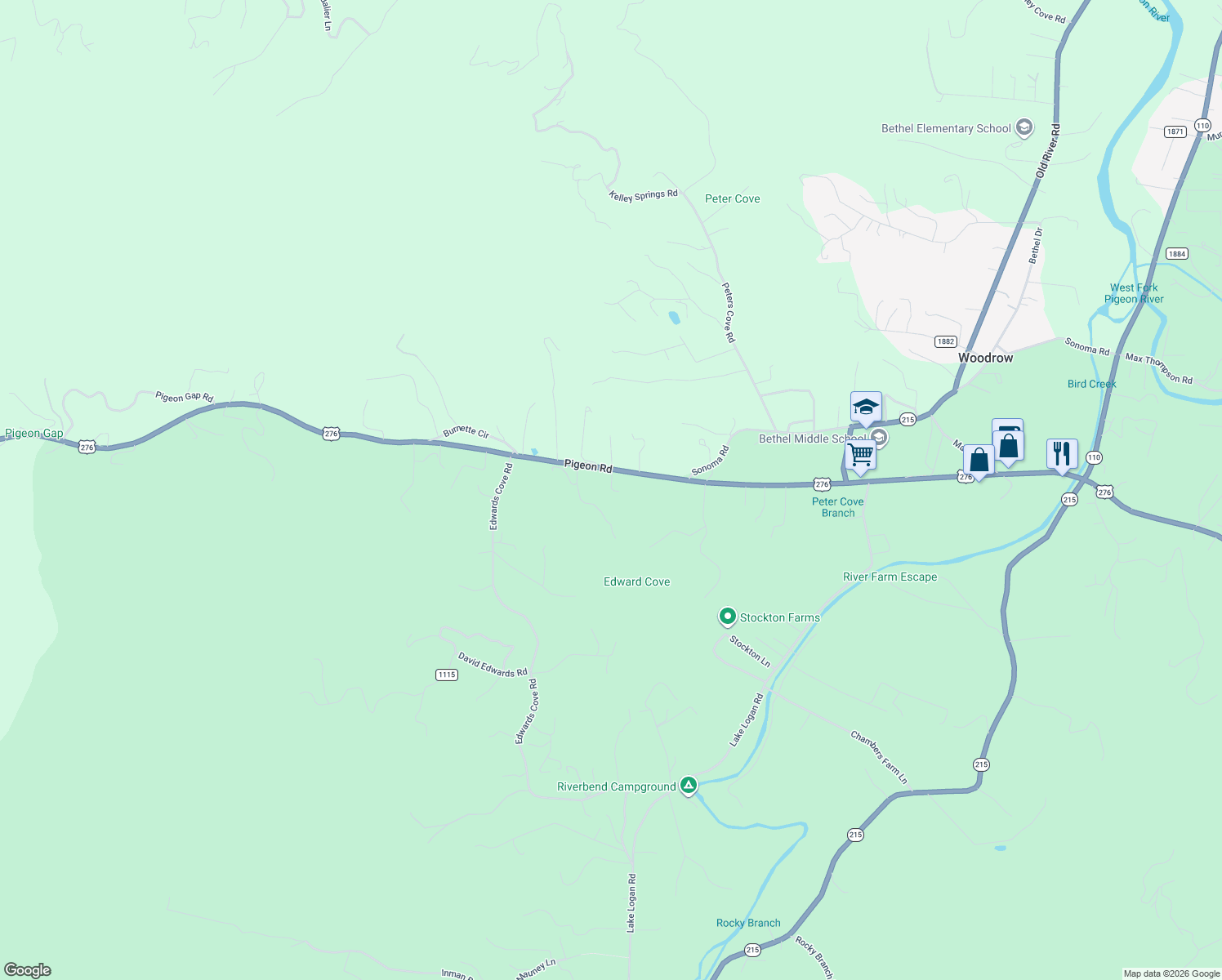 map of restaurants, bars, coffee shops, grocery stores, and more near 77 Lily Ln in Waynesville