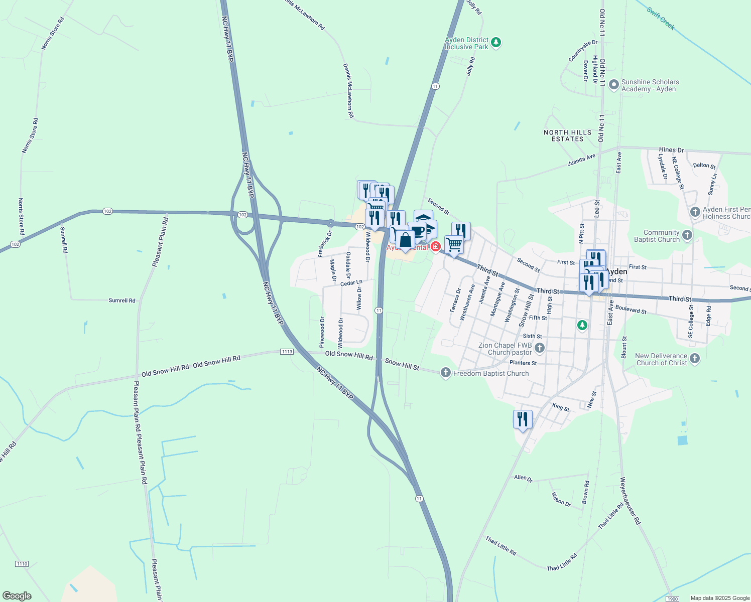 map of restaurants, bars, coffee shops, grocery stores, and more near 706 Pine Forest Road in Ayden