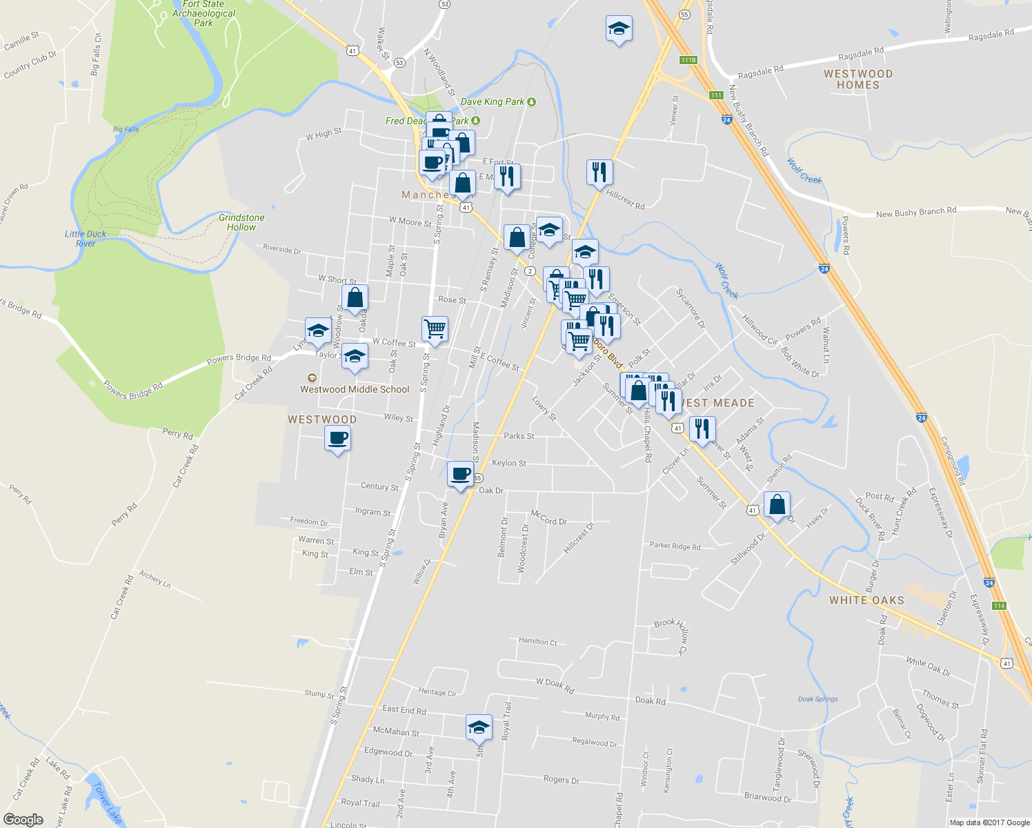 map of restaurants, bars, coffee shops, grocery stores, and more near 915 McArthur Street in Manchester