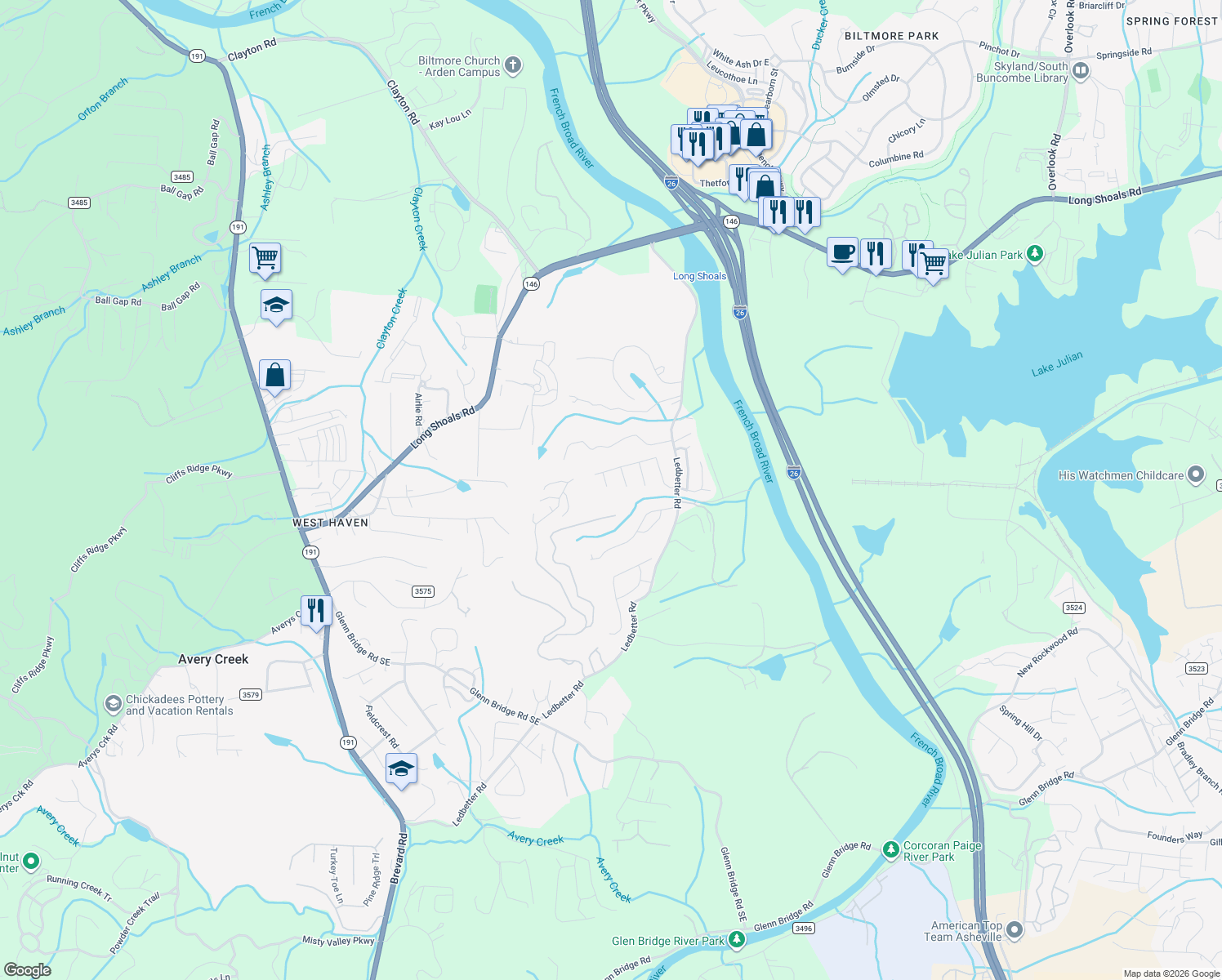 map of restaurants, bars, coffee shops, grocery stores, and more near 14 Dansford Lane in Arden