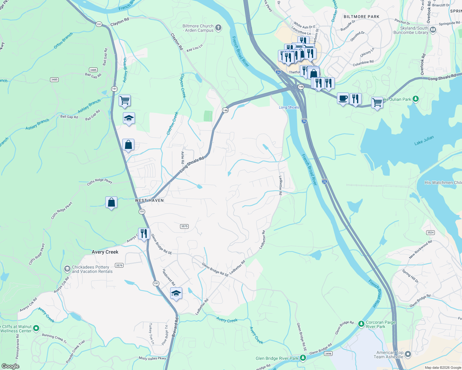 map of restaurants, bars, coffee shops, grocery stores, and more near 150 Waightstill Drive in Arden