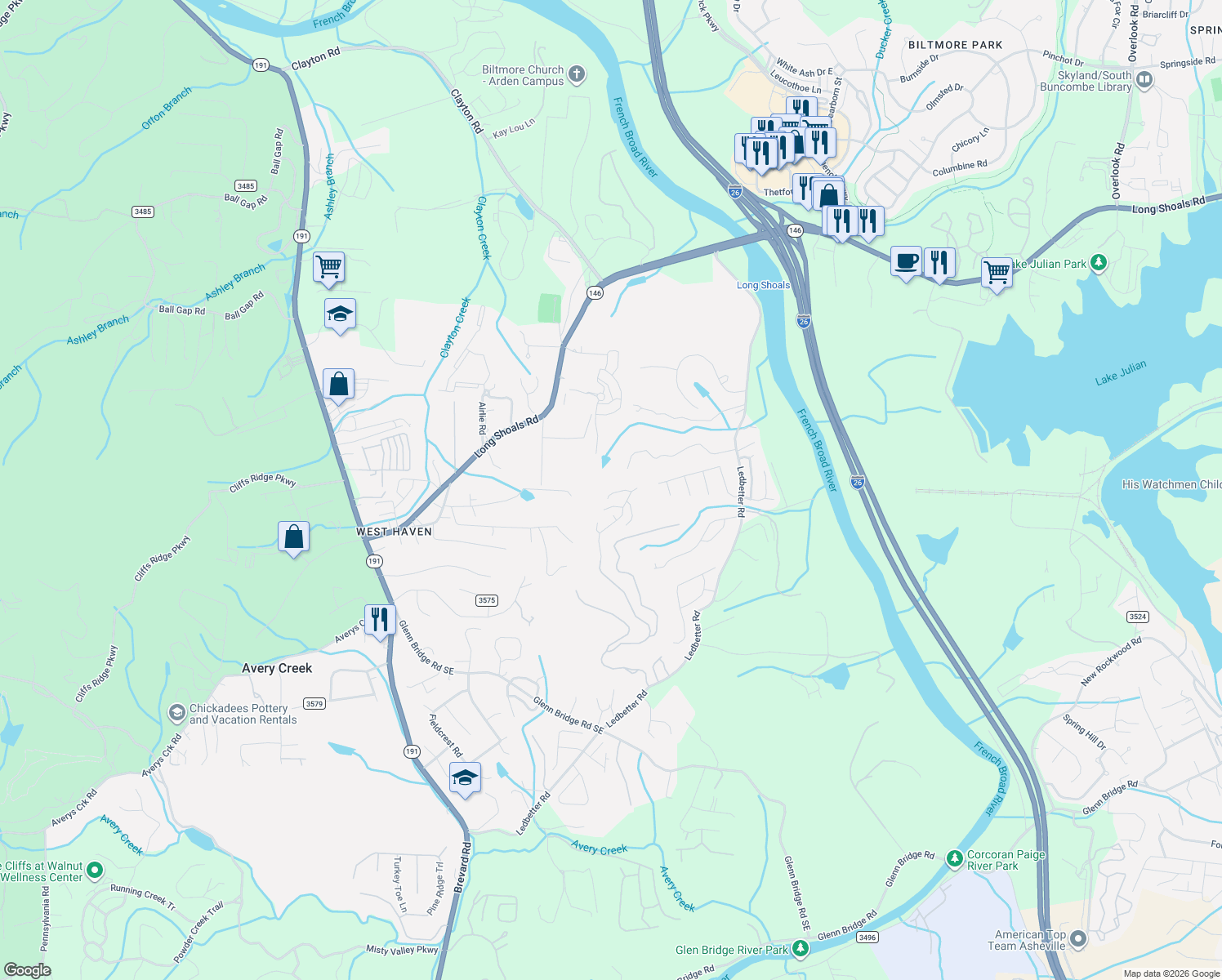 map of restaurants, bars, coffee shops, grocery stores, and more near 150 Waightstill Drive in Arden