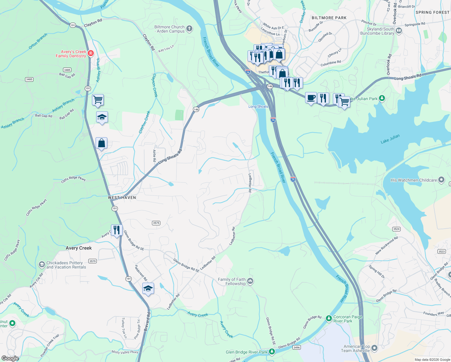 map of restaurants, bars, coffee shops, grocery stores, and more near 14 Dansford Lane in Arden