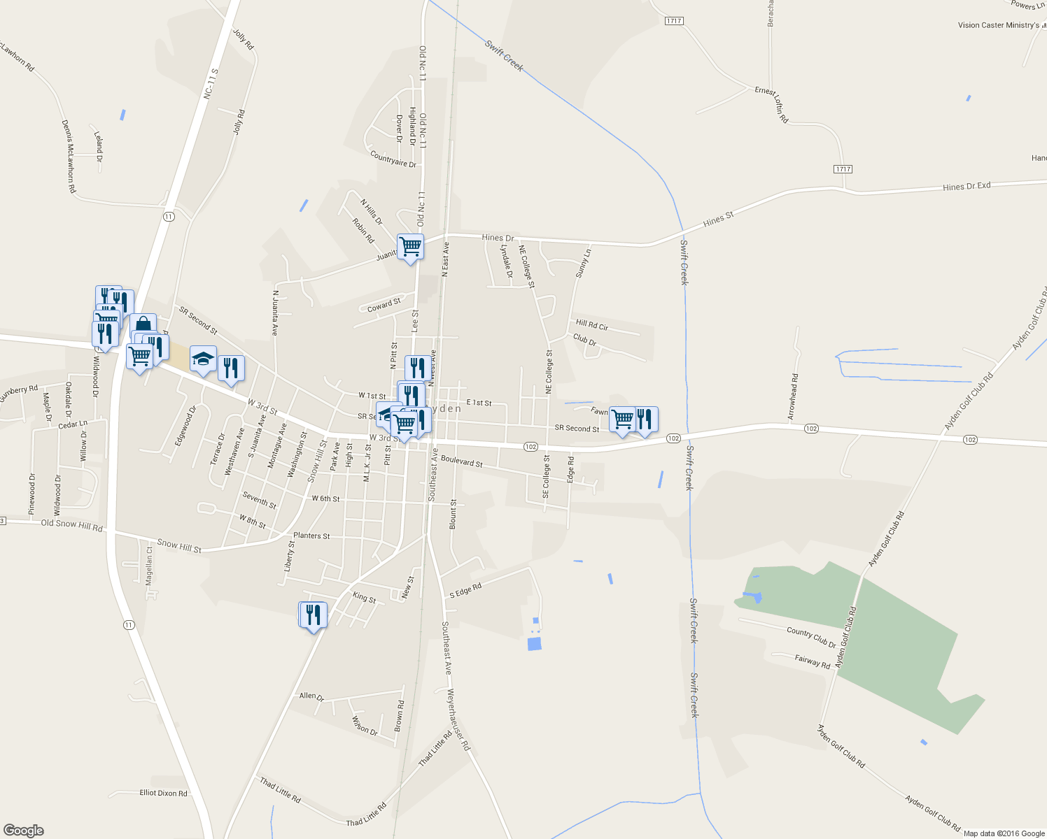 map of restaurants, bars, coffee shops, grocery stores, and more near 4159 West College Street in Ayden