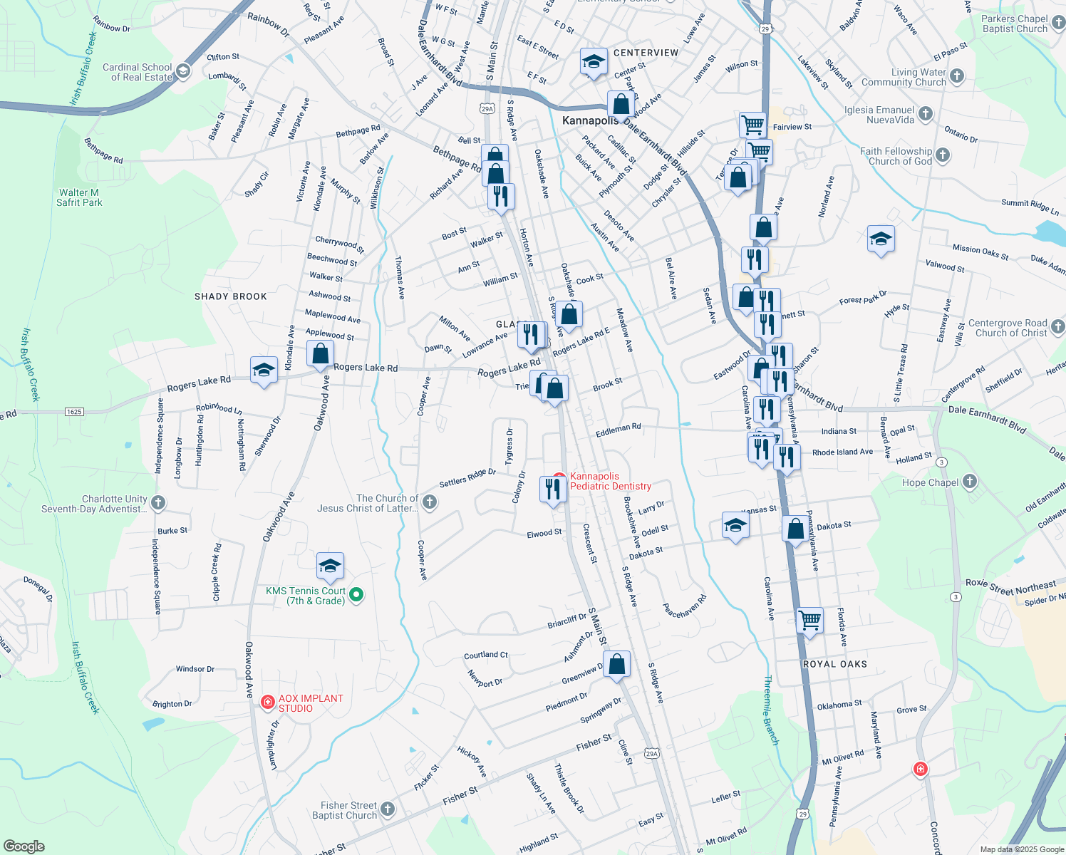 map of restaurants, bars, coffee shops, grocery stores, and more near 1456 Matthew Allen Circle in Kannapolis