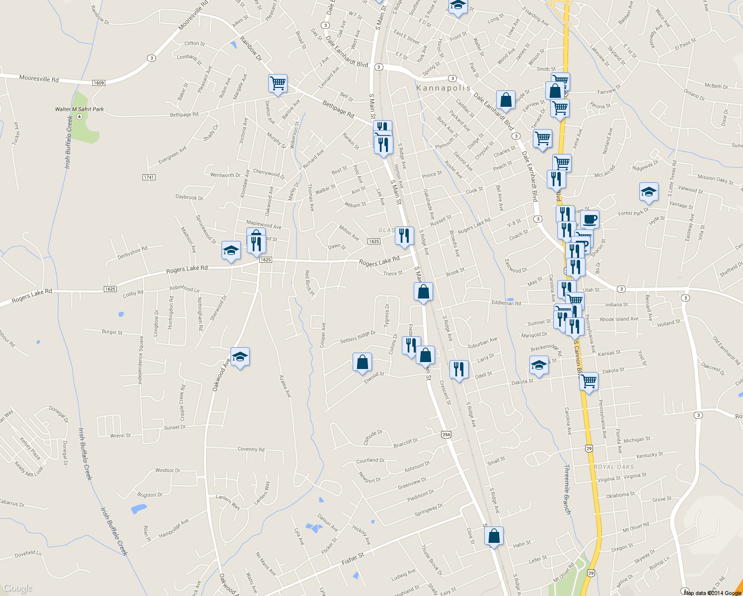 map of restaurants, bars, coffee shops, grocery stores, and more near 1548 Matthew Allen Circle in Kannapolis
