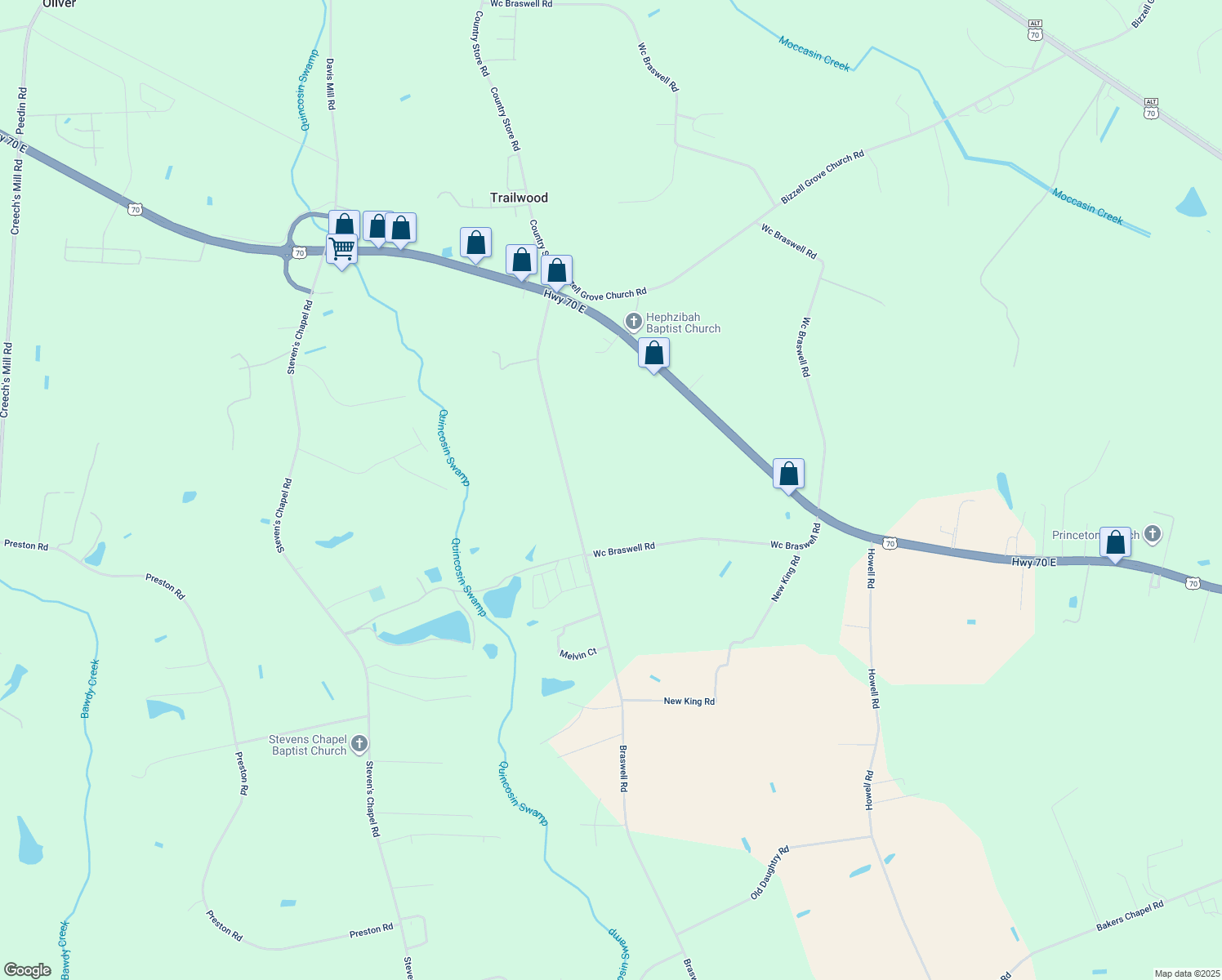 map of restaurants, bars, coffee shops, grocery stores, and more near 532 Braswell Rd in Smithfield