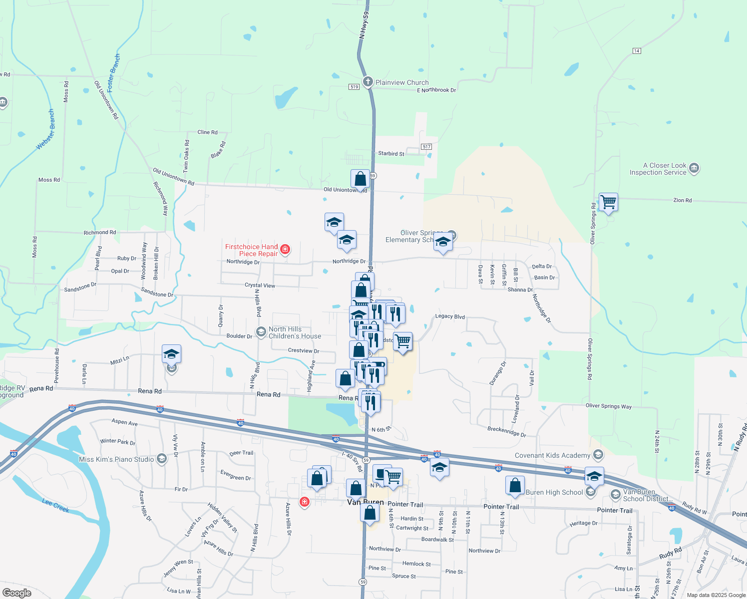 map of restaurants, bars, coffee shops, grocery stores, and more near 2424 Fayetteville Road in Van Buren