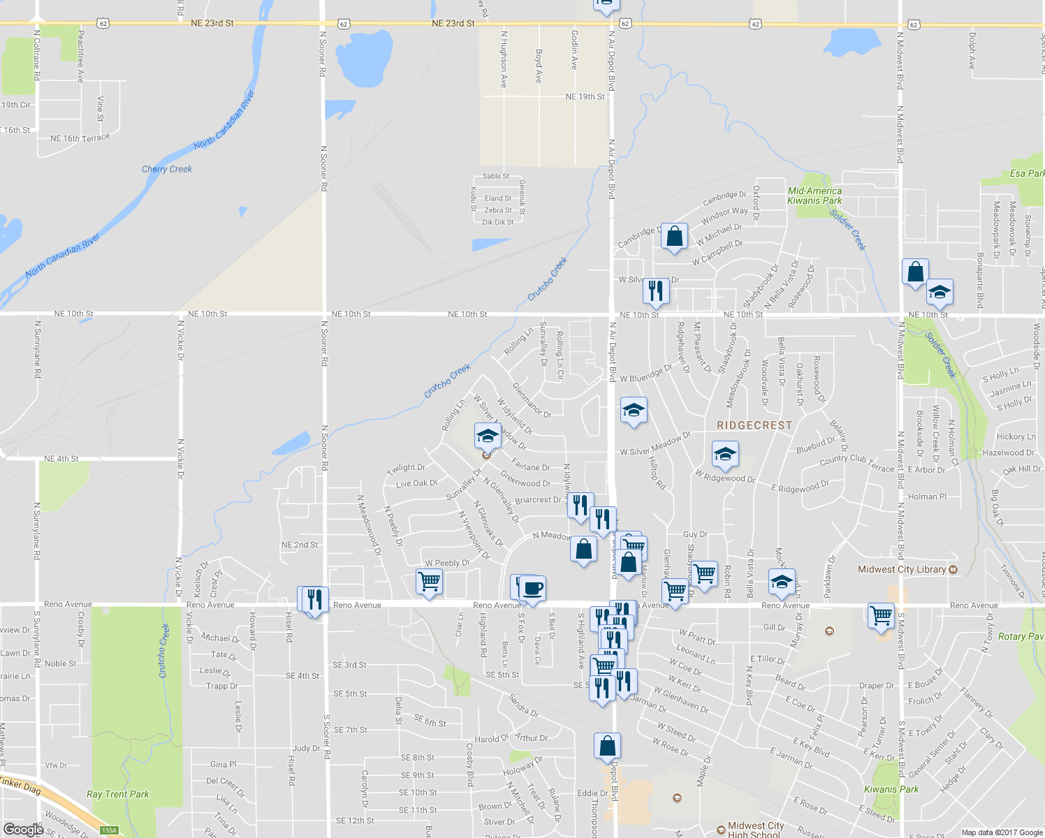 map of restaurants, bars, coffee shops, grocery stores, and more near 901 West Idylwild Drive in Midwest City