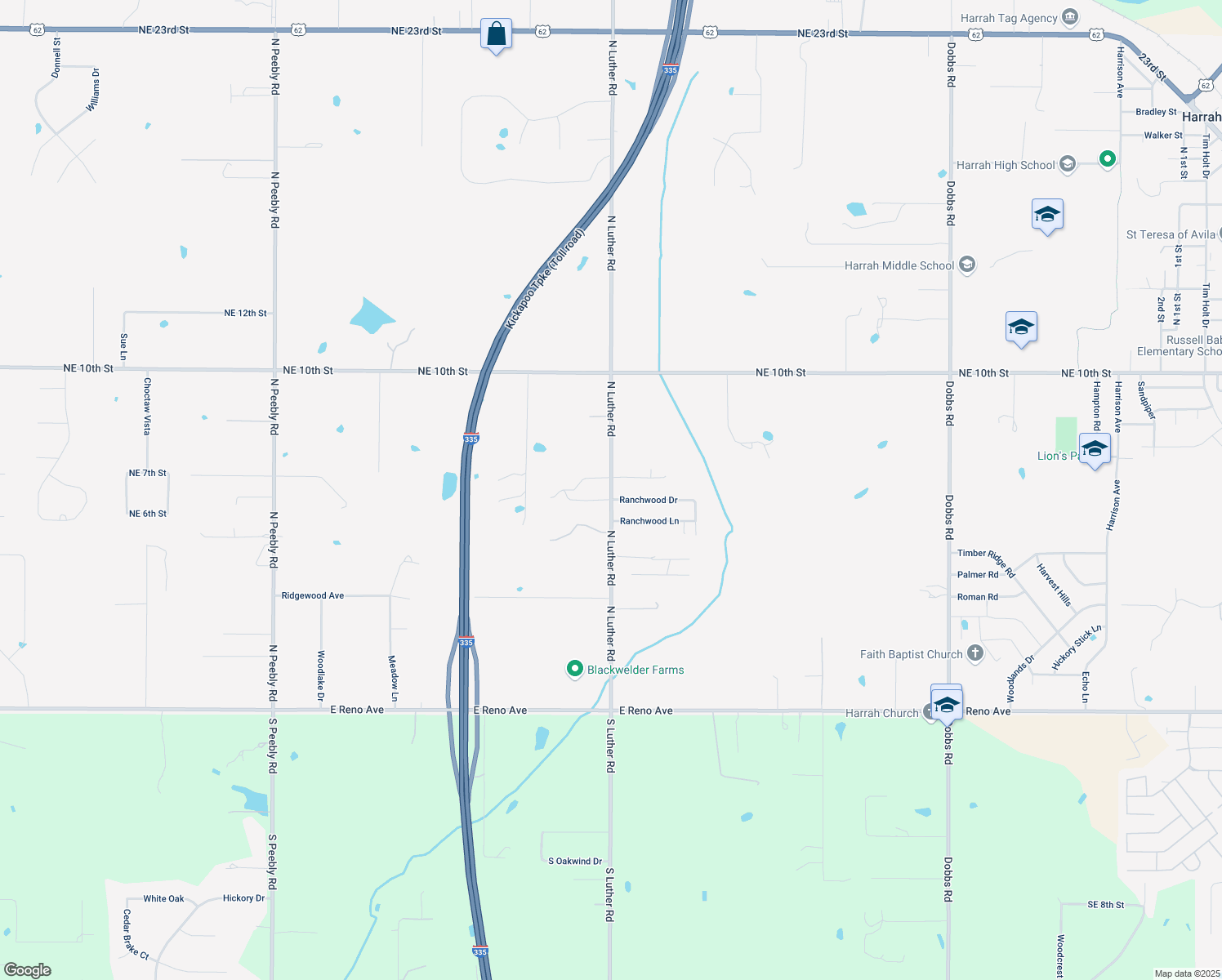 map of restaurants, bars, coffee shops, grocery stores, and more near 901 North Luther Road in Harrah