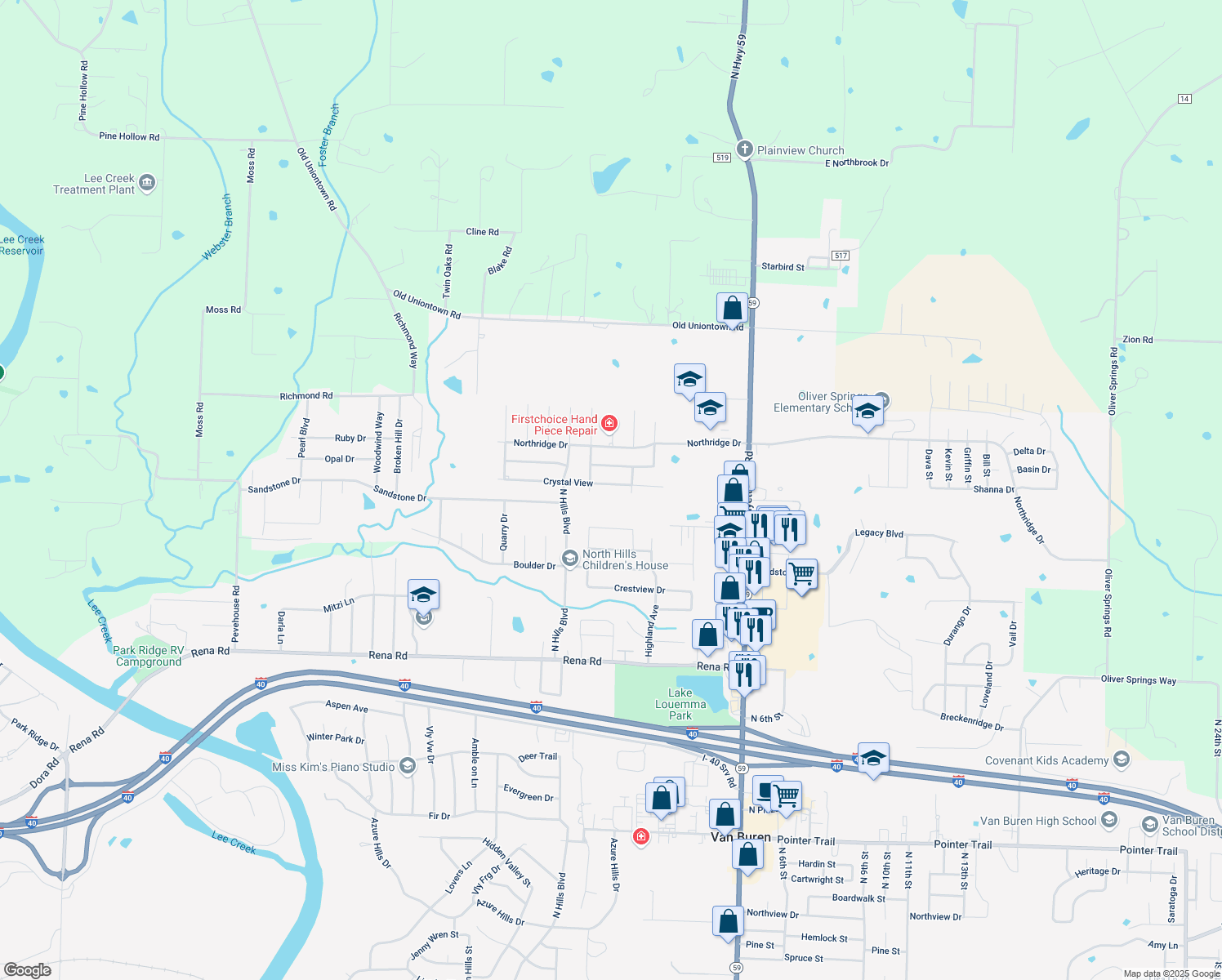 map of restaurants, bars, coffee shops, grocery stores, and more near 305 Crystal View in Van Buren