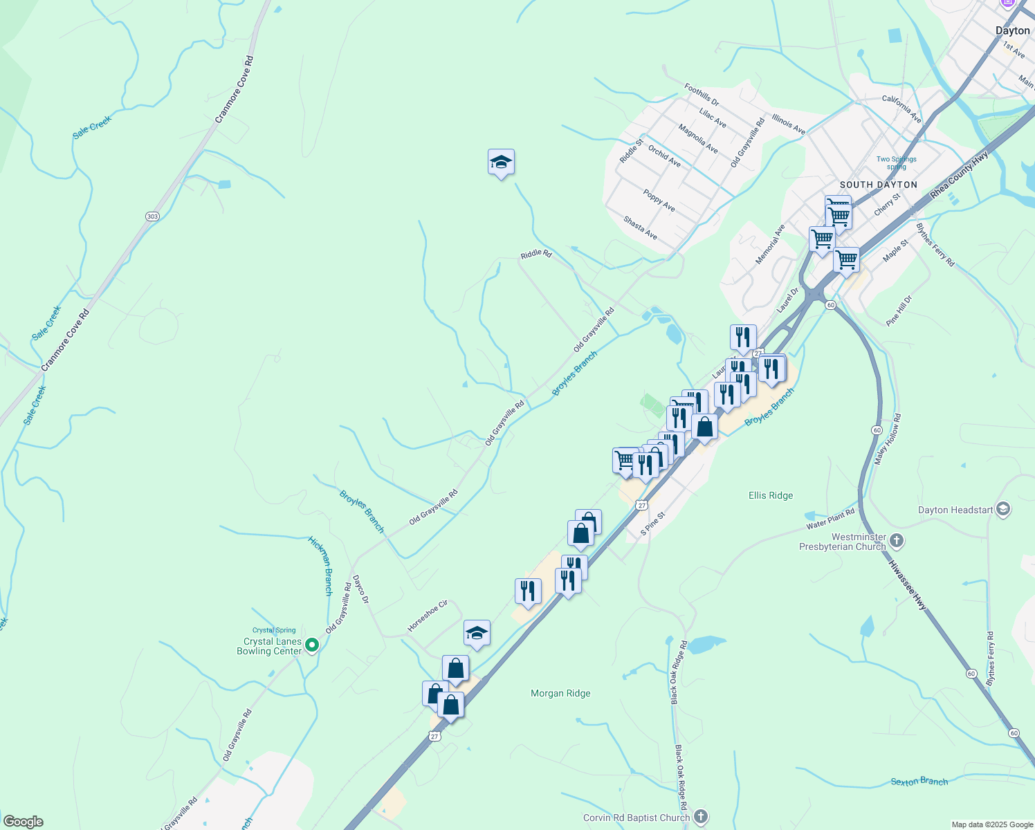 map of restaurants, bars, coffee shops, grocery stores, and more near 1421 Old Graysville Rd in Dayton