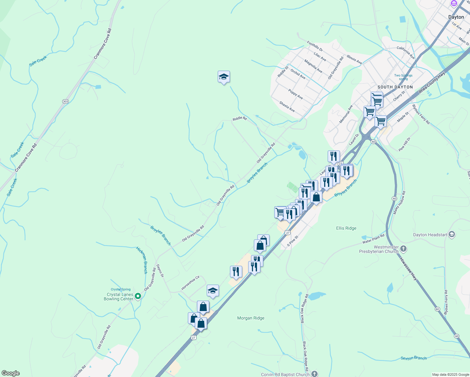 map of restaurants, bars, coffee shops, grocery stores, and more near 1421 Old Graysville Rd in Dayton