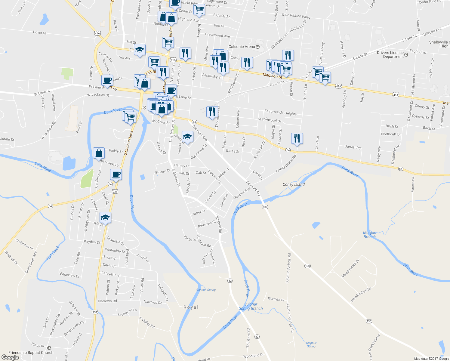 map of restaurants, bars, coffee shops, grocery stores, and more near 906 Woodland Avenue in Shelbyville