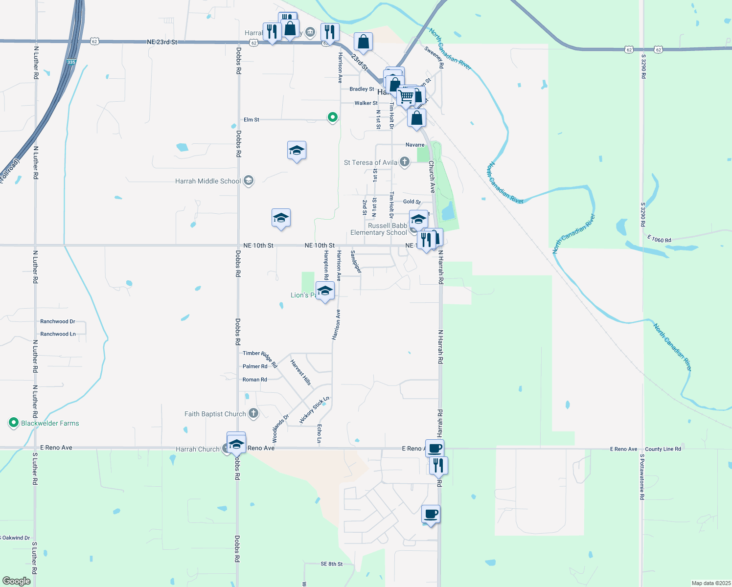 map of restaurants, bars, coffee shops, grocery stores, and more near 20608 Brush Creek Boulevard in Harrah
