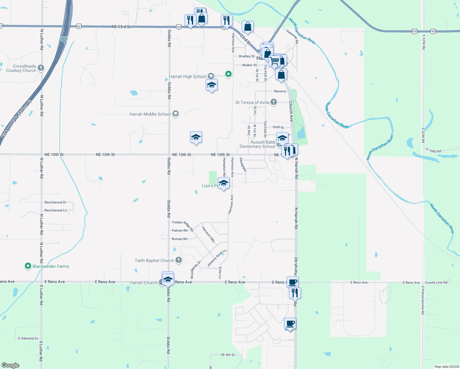 map of restaurants, bars, coffee shops, grocery stores, and more near 839 Harrison St in Harrah