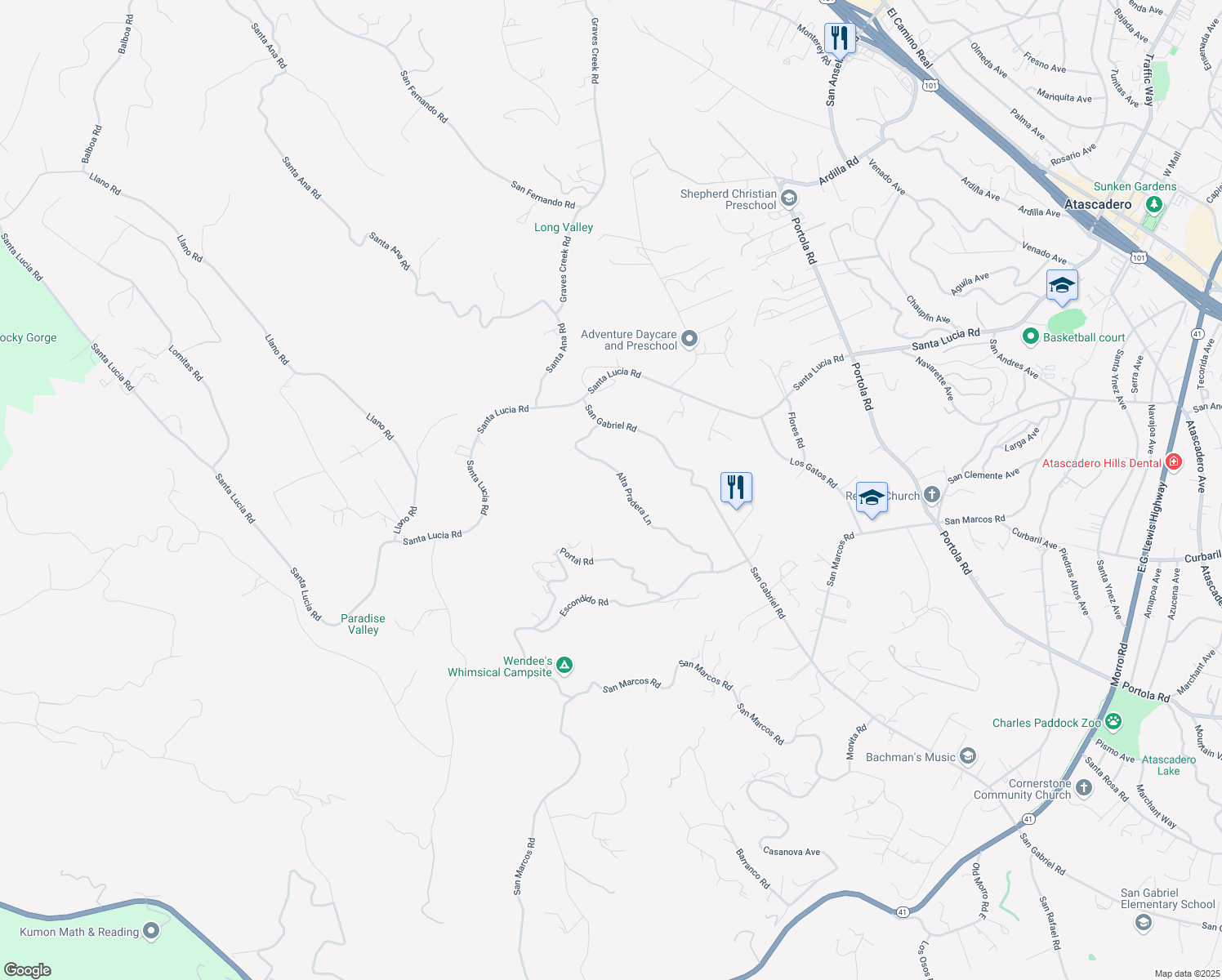 map of restaurants, bars, coffee shops, grocery stores, and more near 6452 Alta Pradera Lane in Atascadero