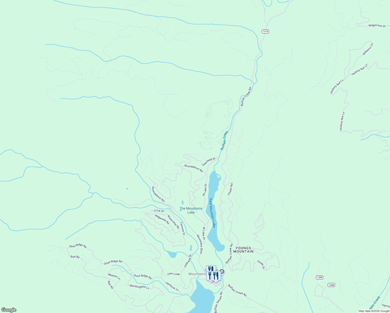 map of restaurants, bars, coffee shops, grocery stores, and more near 165 Jergenson Lane in Lake Lure