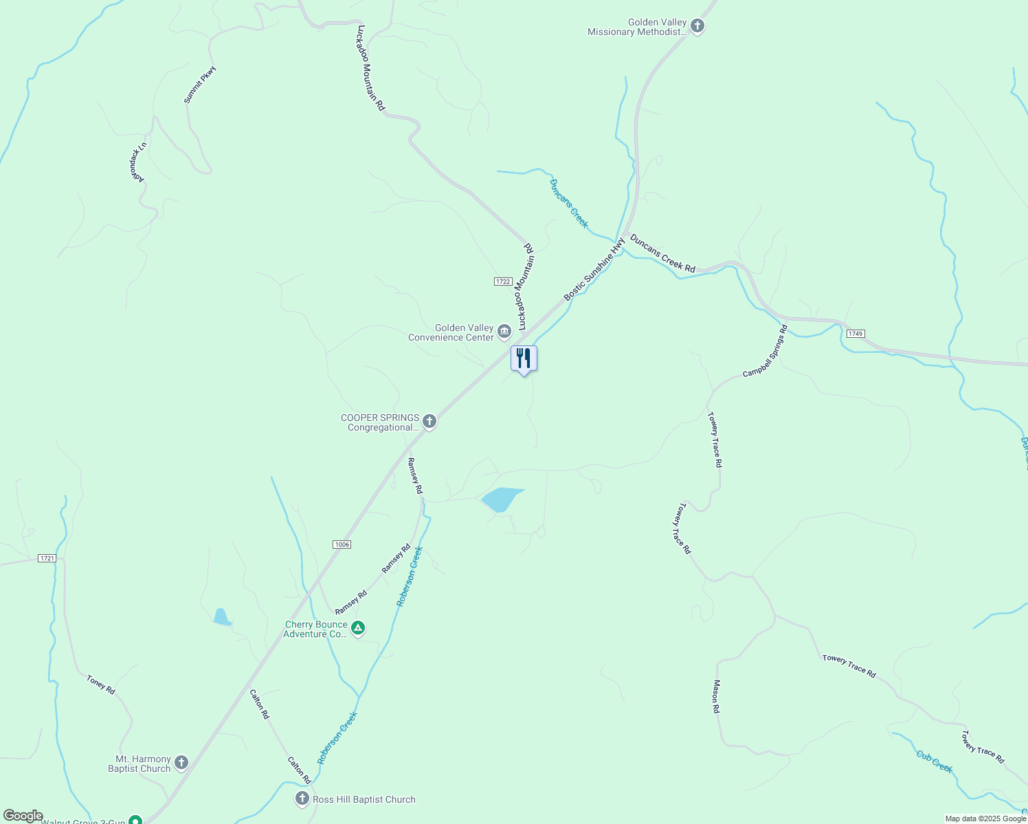 map of restaurants, bars, coffee shops, grocery stores, and more near 143 Golden Hill Drive in Bostic