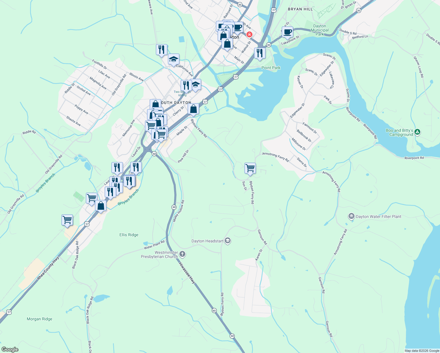 map of restaurants, bars, coffee shops, grocery stores, and more near 730 Blythe Ferry in Dayton
