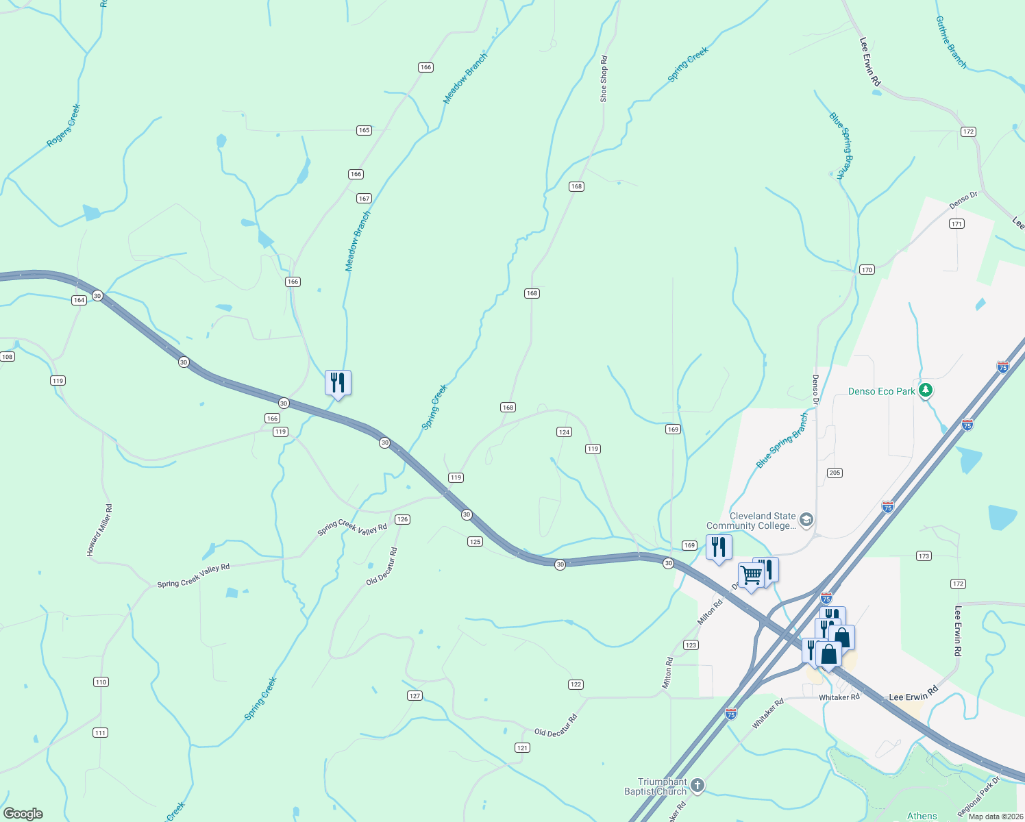 map of restaurants, bars, coffee shops, grocery stores, and more near 108 County Road 168 in Athens