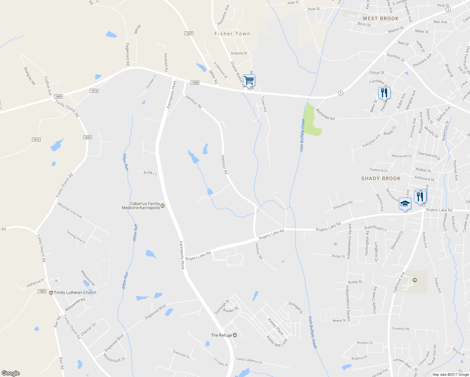 map of restaurants, bars, coffee shops, grocery stores, and more near Isenhour Road in Kannapolis
