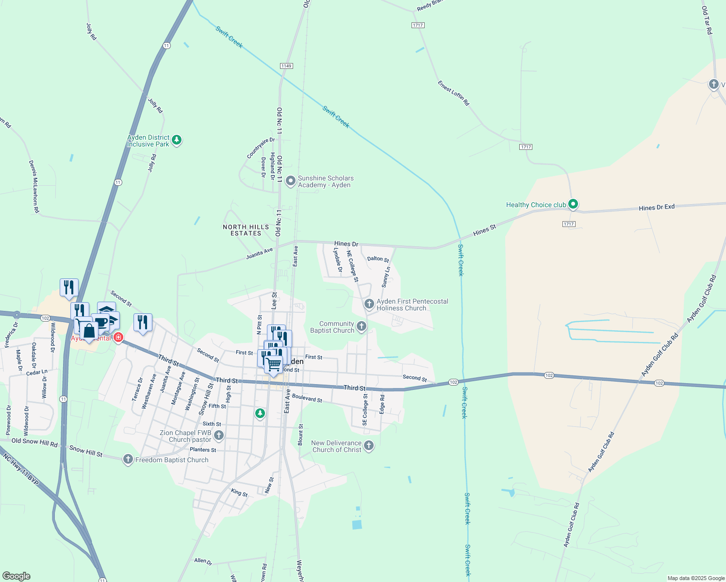 map of restaurants, bars, coffee shops, grocery stores, and more near 4007 Northeast College Street in Ayden
