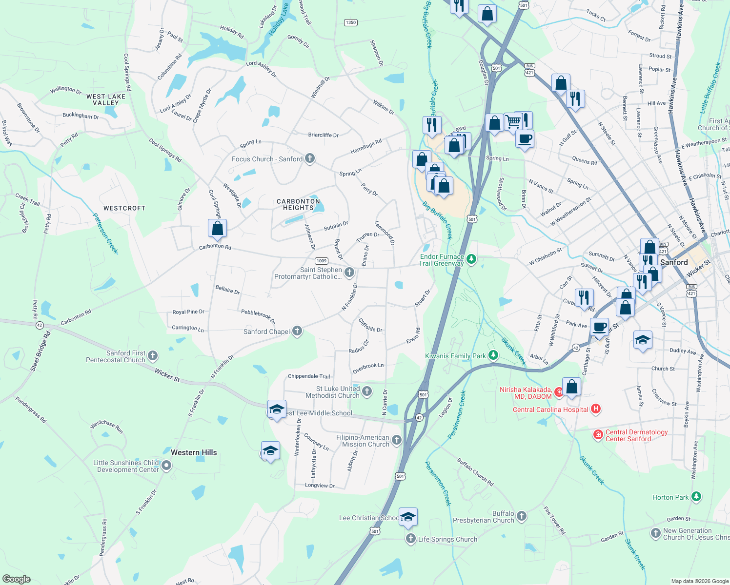 map of restaurants, bars, coffee shops, grocery stores, and more near 2007 Hamilton Drive in Sanford