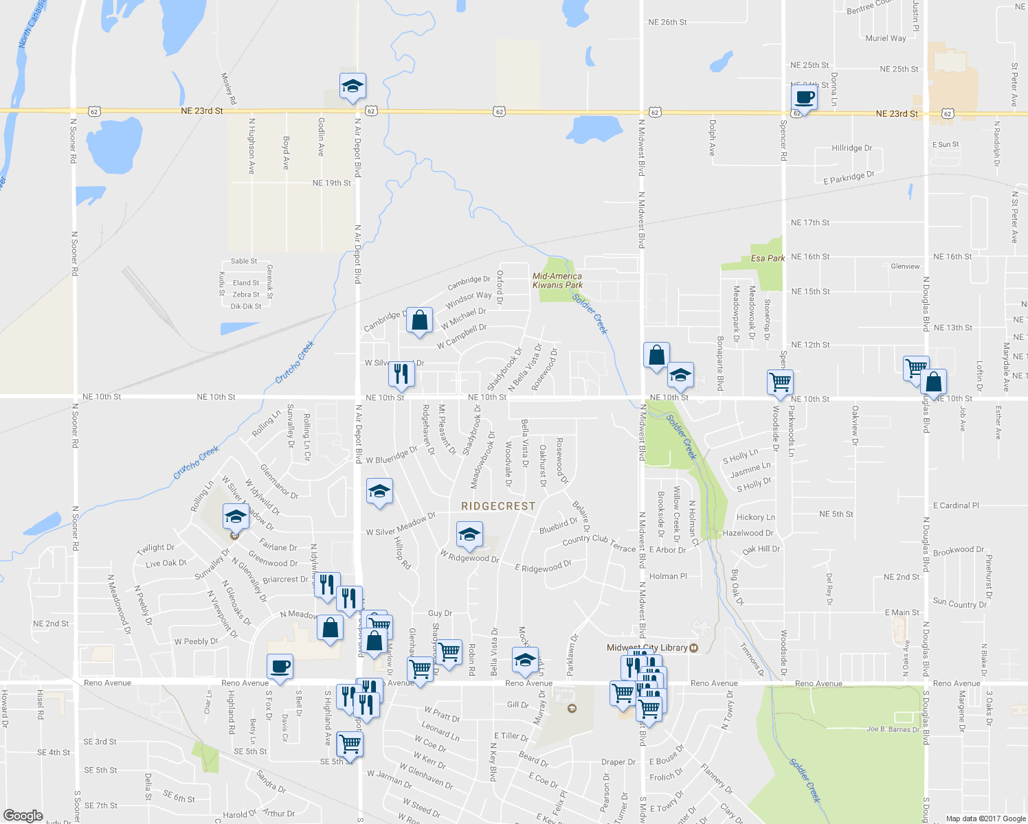 map of restaurants, bars, coffee shops, grocery stores, and more near 3718 Bella Vista Drive in Midwest City