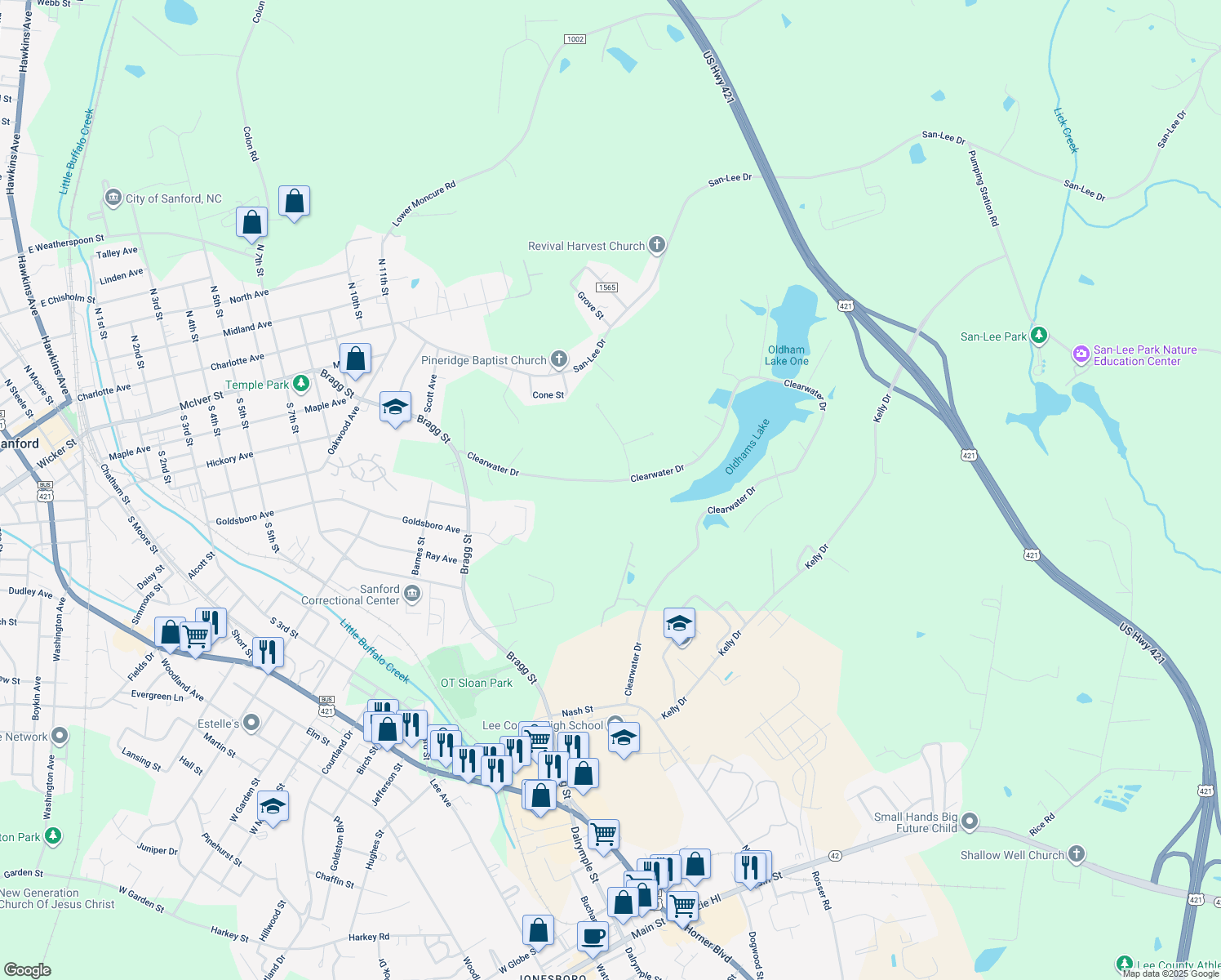 map of restaurants, bars, coffee shops, grocery stores, and more near 928 Clearwater Drive in Sanford
