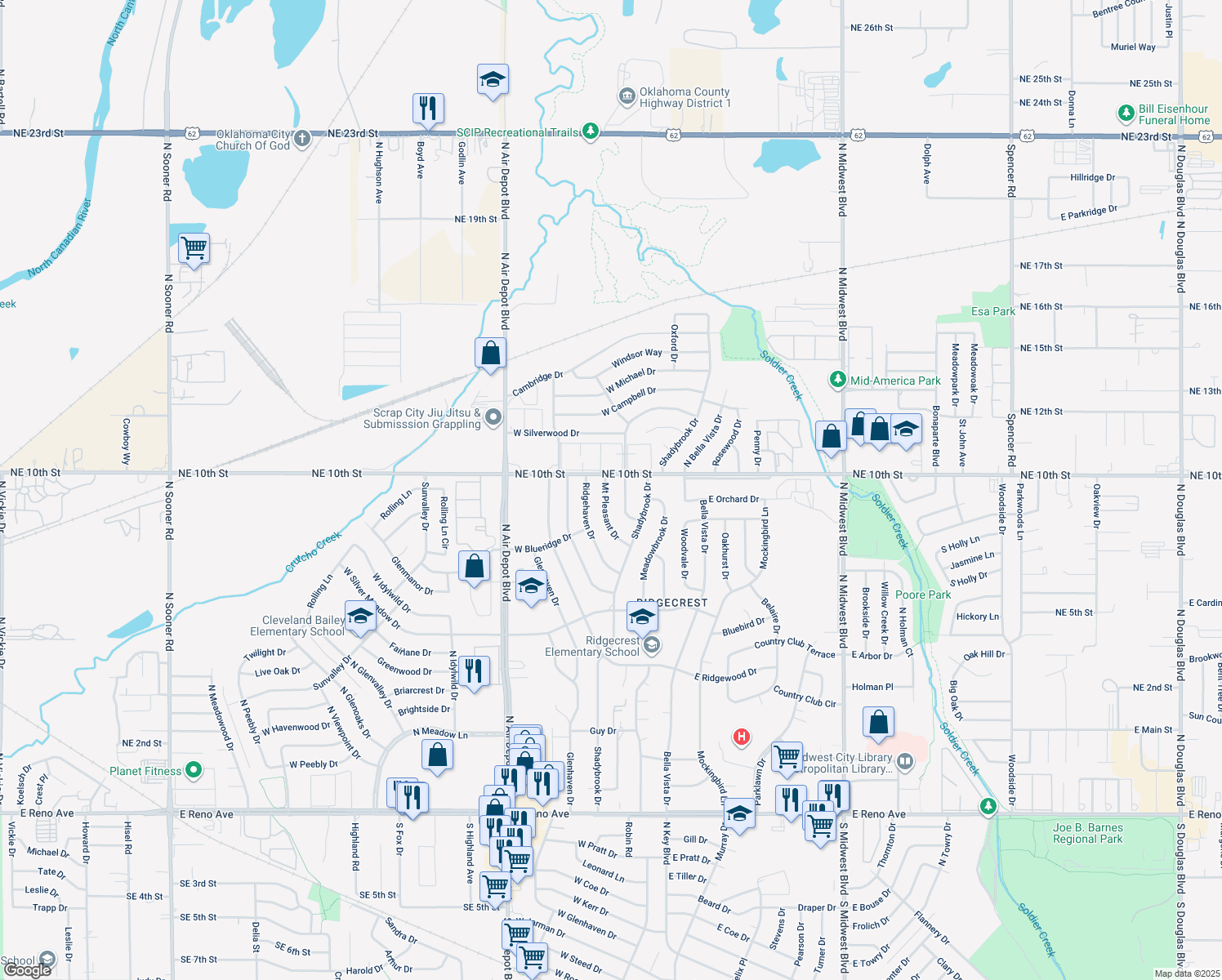 map of restaurants, bars, coffee shops, grocery stores, and more near 3704 Mount Pleasant Drive in Midwest City