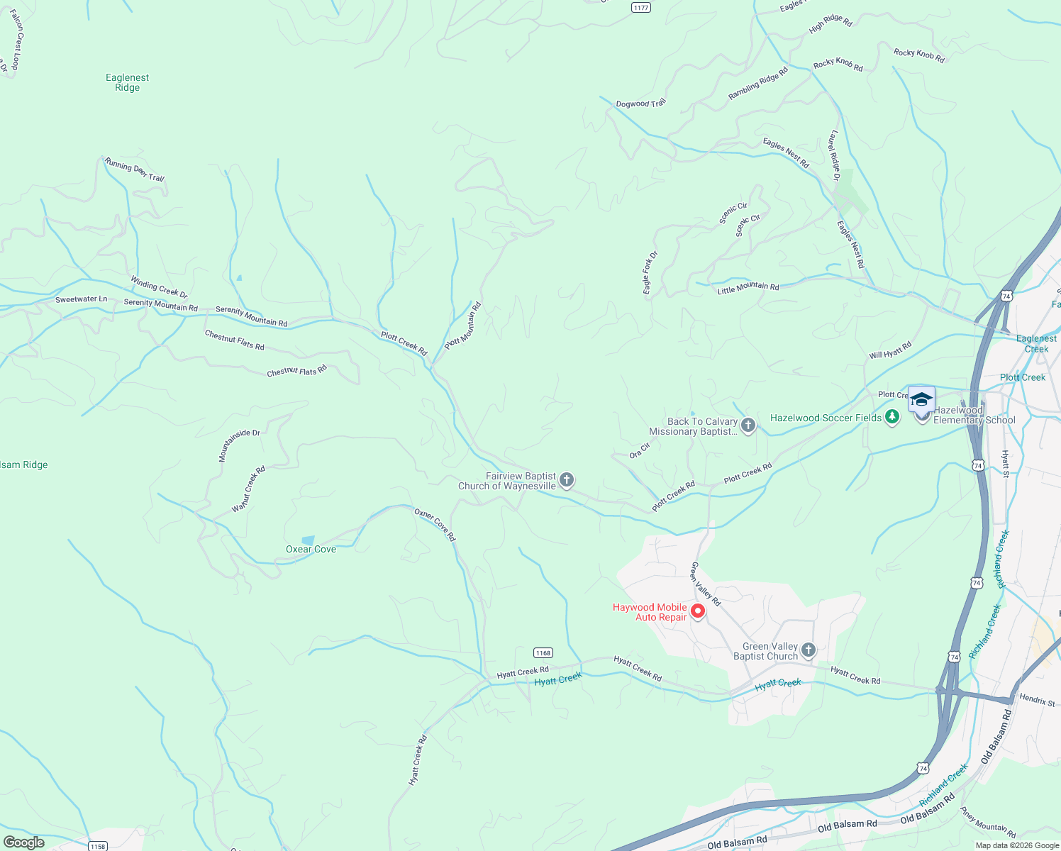 map of restaurants, bars, coffee shops, grocery stores, and more near 371 Falcon Ridge Drive in Waynesville