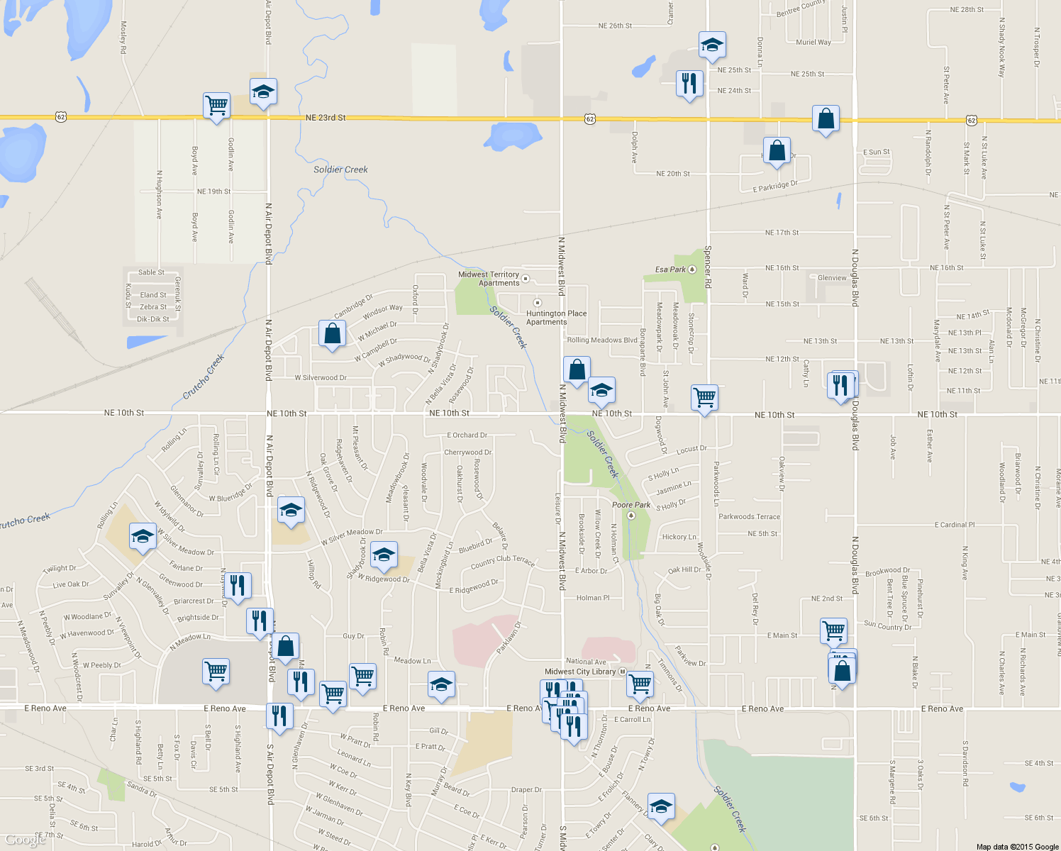map of restaurants, bars, coffee shops, grocery stores, and more near 411 Heritage Place in Midwest City