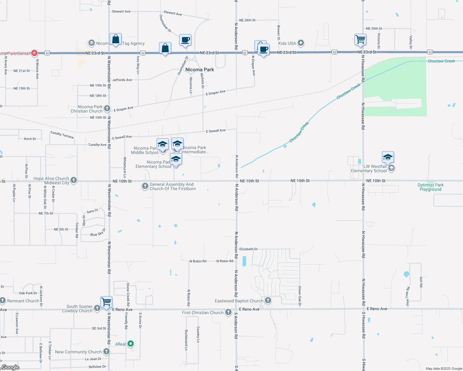 map of restaurants, bars, coffee shops, grocery stores, and more near 11950 Northeast 10th Street in Choctaw